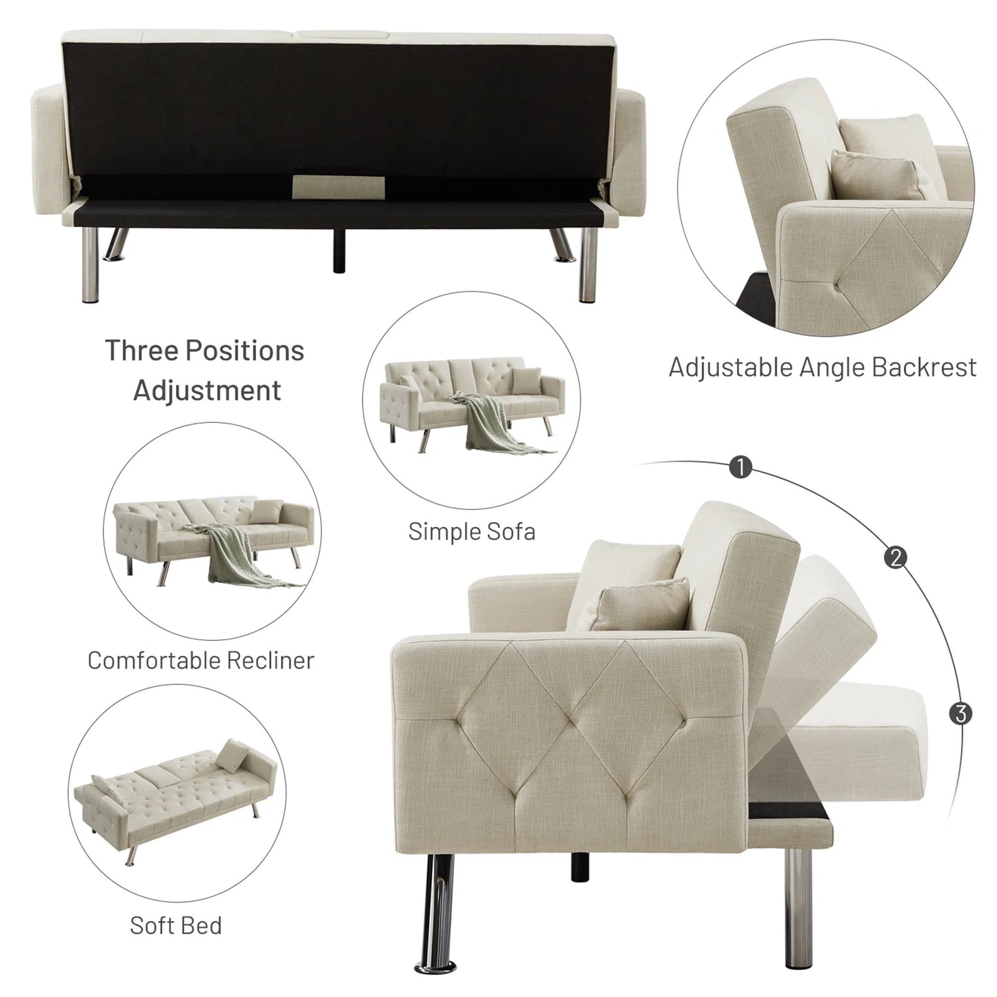 Aukfa 75in Tufted Futon Convertible Sofa Bed, Arm Couch for Home Office, 2 Pillow&Cup Holder, Beige