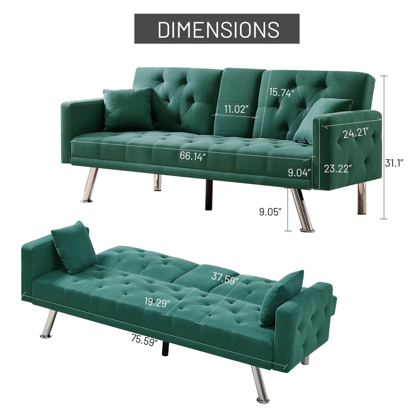 Aukfa 75in Tufted Futon Convertible Sofa Bed, Arm Couch for Home Office, 2 Cup Holders&Pillows, Green