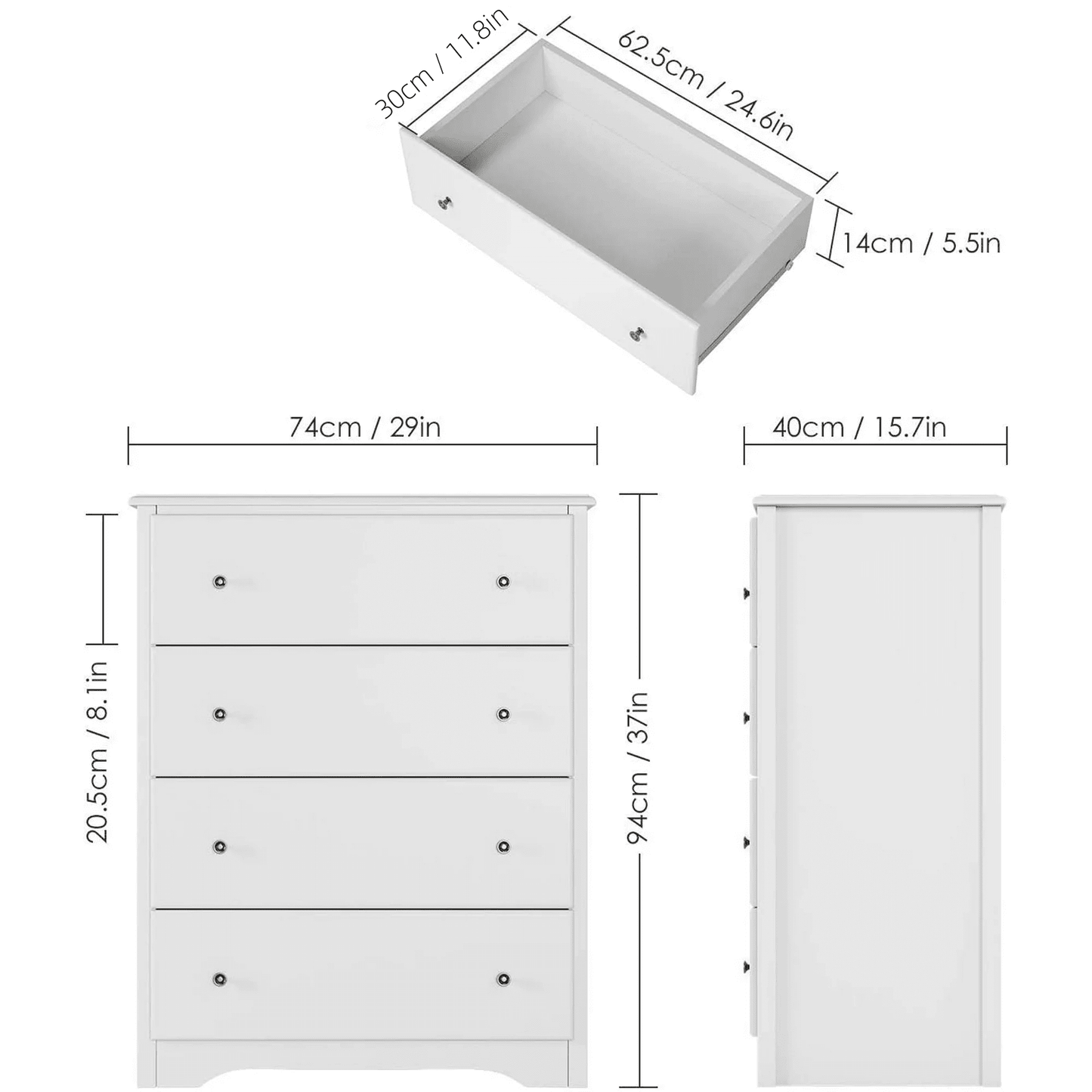 Homfa Modern, Vertical & Upright Dresser Chest, 4 Drawer Adult-Size Organizer, White