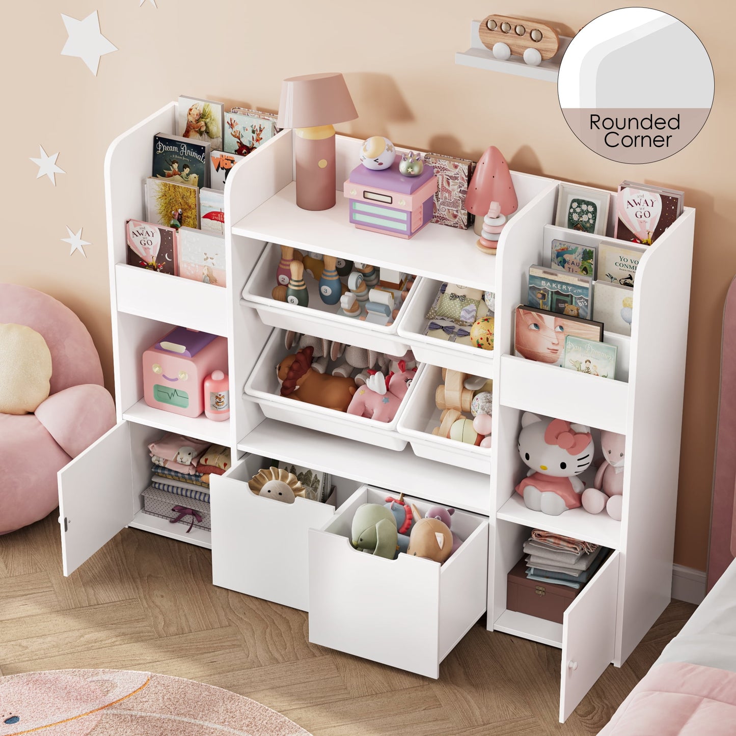 Hiphuta Kid's Toy Storage Organizer, Wood Toy Organizer of 4 Bins& 2 Removable Drawers, Children's Bookcase with Book Rack, White