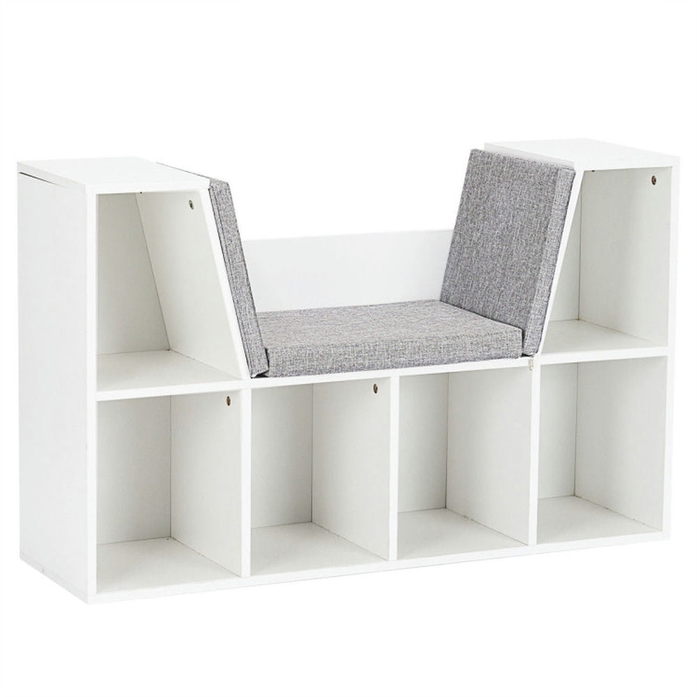 GVN 6-Cubby Kid Storage Bookcase Cushioned Reading Nook-White, Toy Organizers and Storage for Kids, Boys, Girls, Nursery