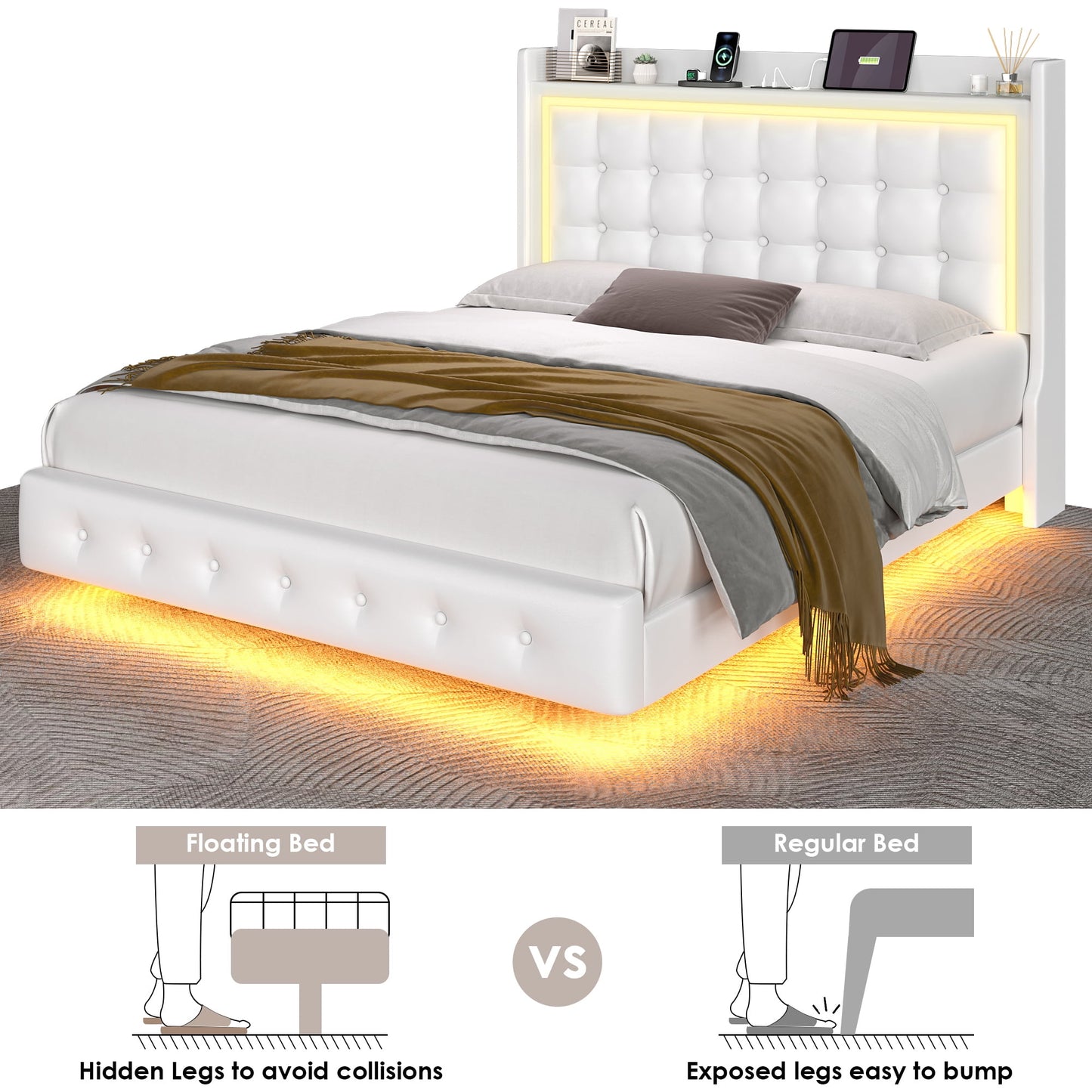 Homfa Queen Size Floating Bed with LED Lights & Charging Station, Modern PU Upholstered Platform Bed Frame Bed with Storage Headboard, White