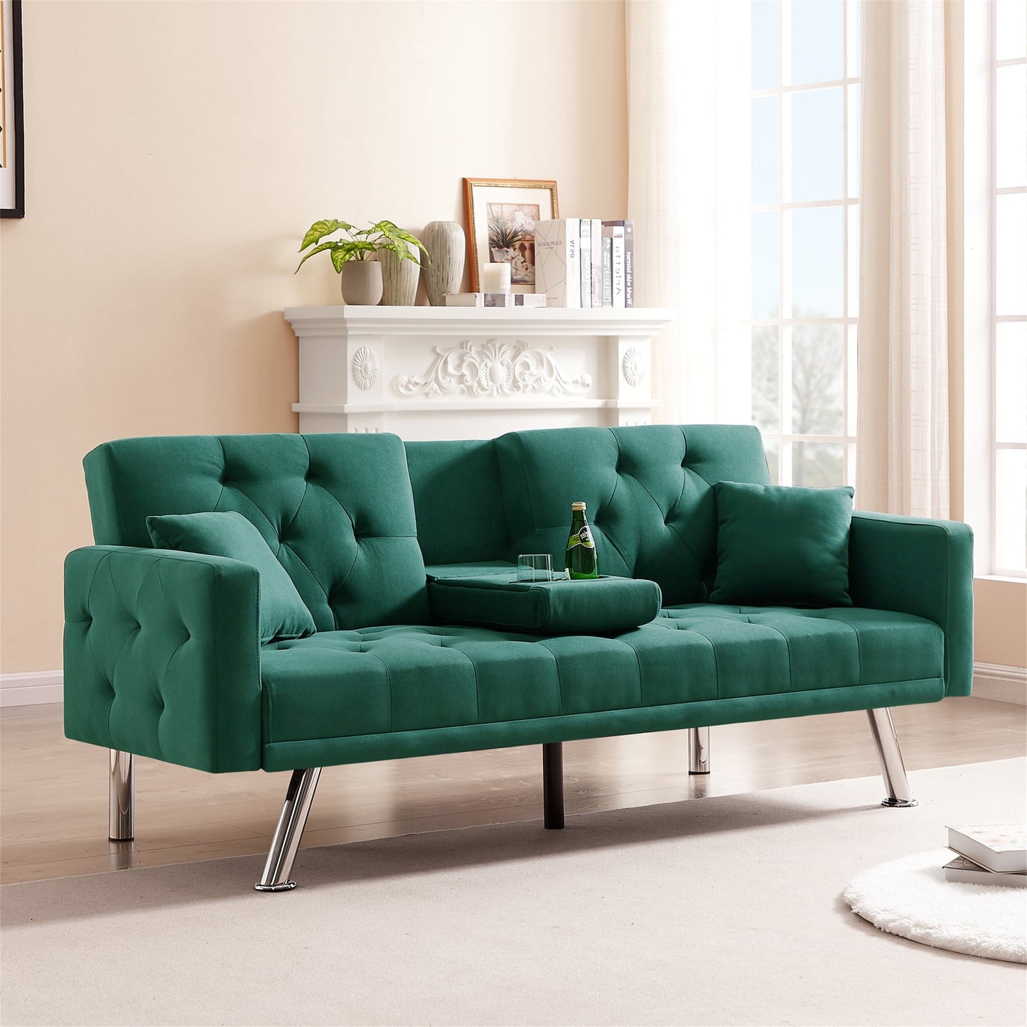 Aukfa 75in Tufted Futon Convertible Sofa Bed, Arm Couch for Home Office, 2 Cup Holders&Pillows, Green