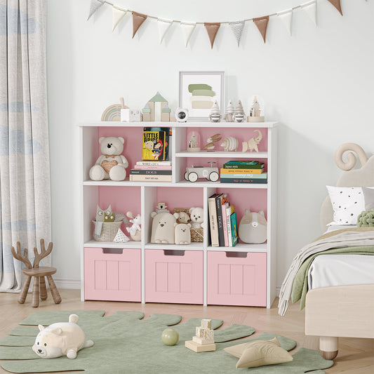 39.4in Toy Storage Cabinet with 3 Movable Drawers & 6 Cubes, Children's Toy Shelf Kids Bookshelf with Hidden Wheels, Kids Bookcase Toy Storage Organizer for Bedroom & Playroom & Nursery