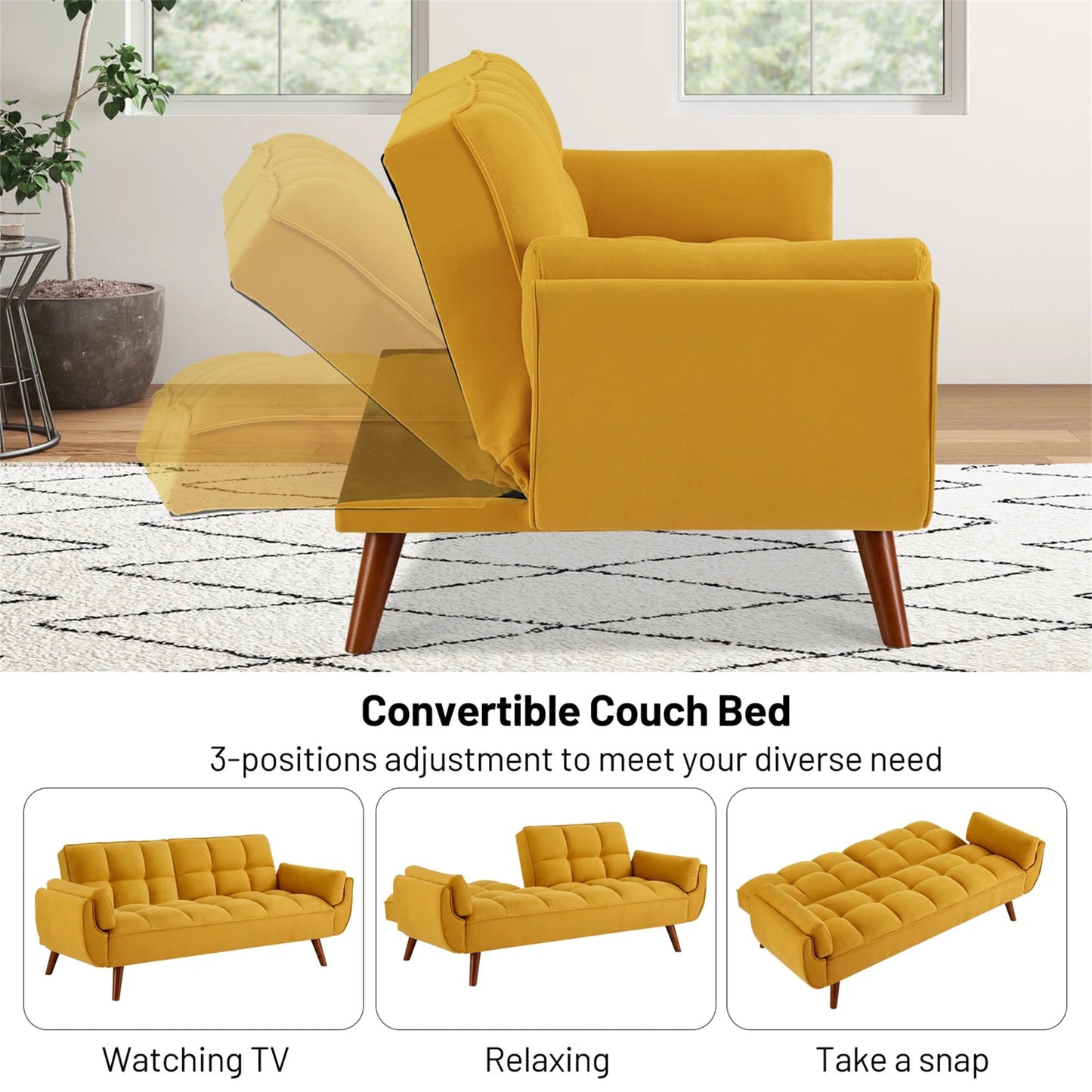 Aukfa 75in Flared Arm Futon Convertible Sofa Bed, Curved Sleeper Sofa for Home Office, Yellow