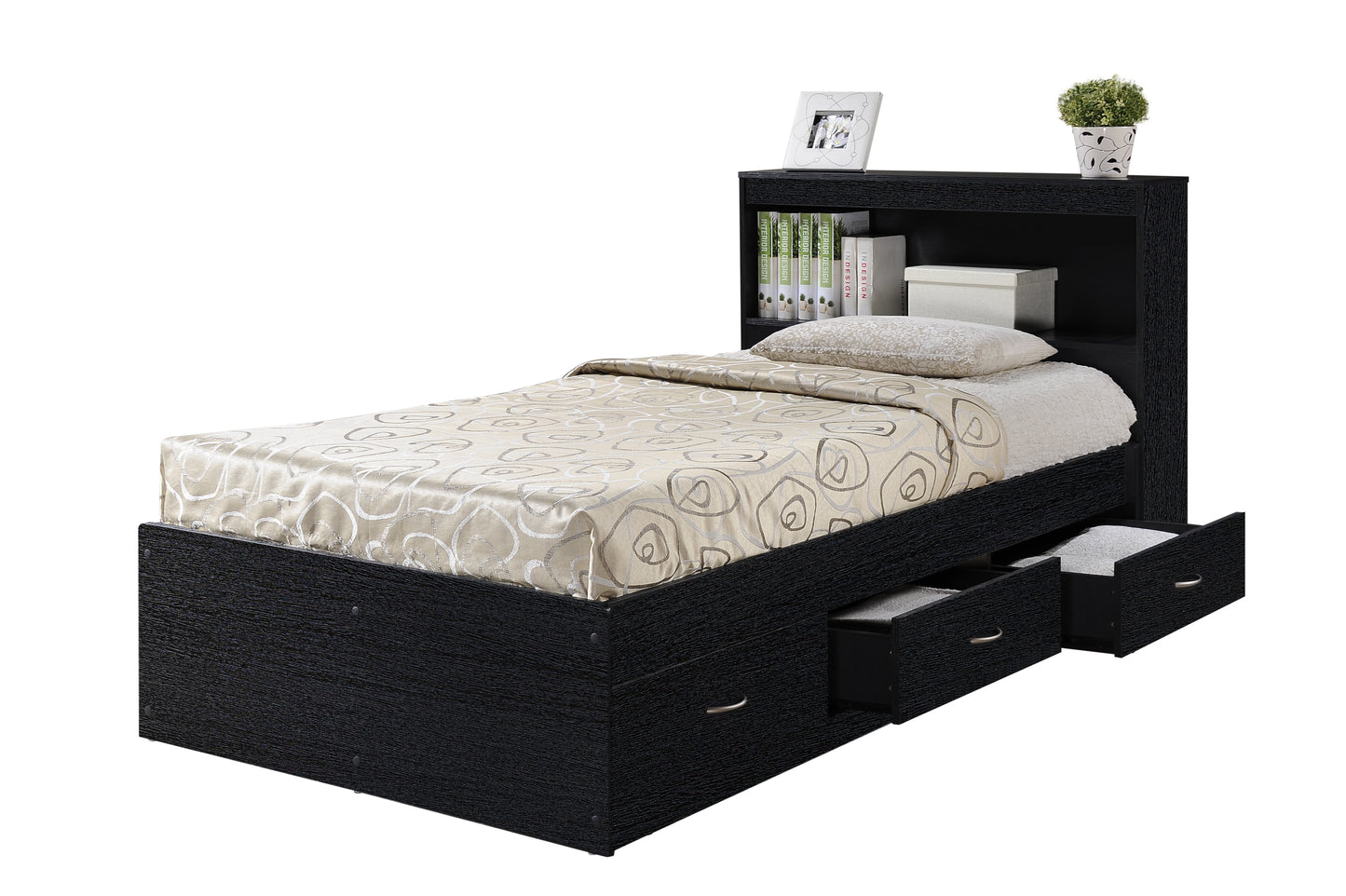 Hodedah Twin-Size Captain Bed with 3-Drawers and Headboard in Black