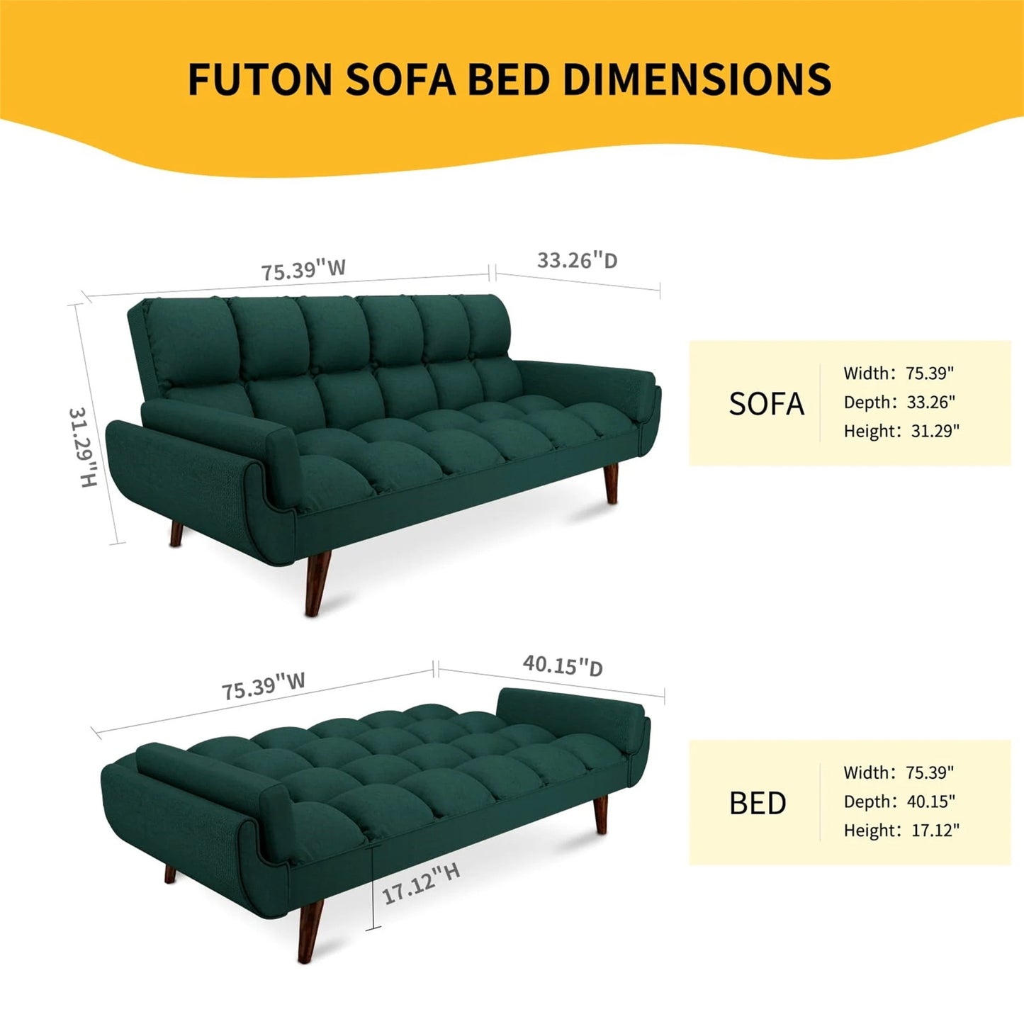 Aukfa 75in Flared Arm Futon Convertible Sofa Bed, Curved Sleeper Sofa for Home Office, Green