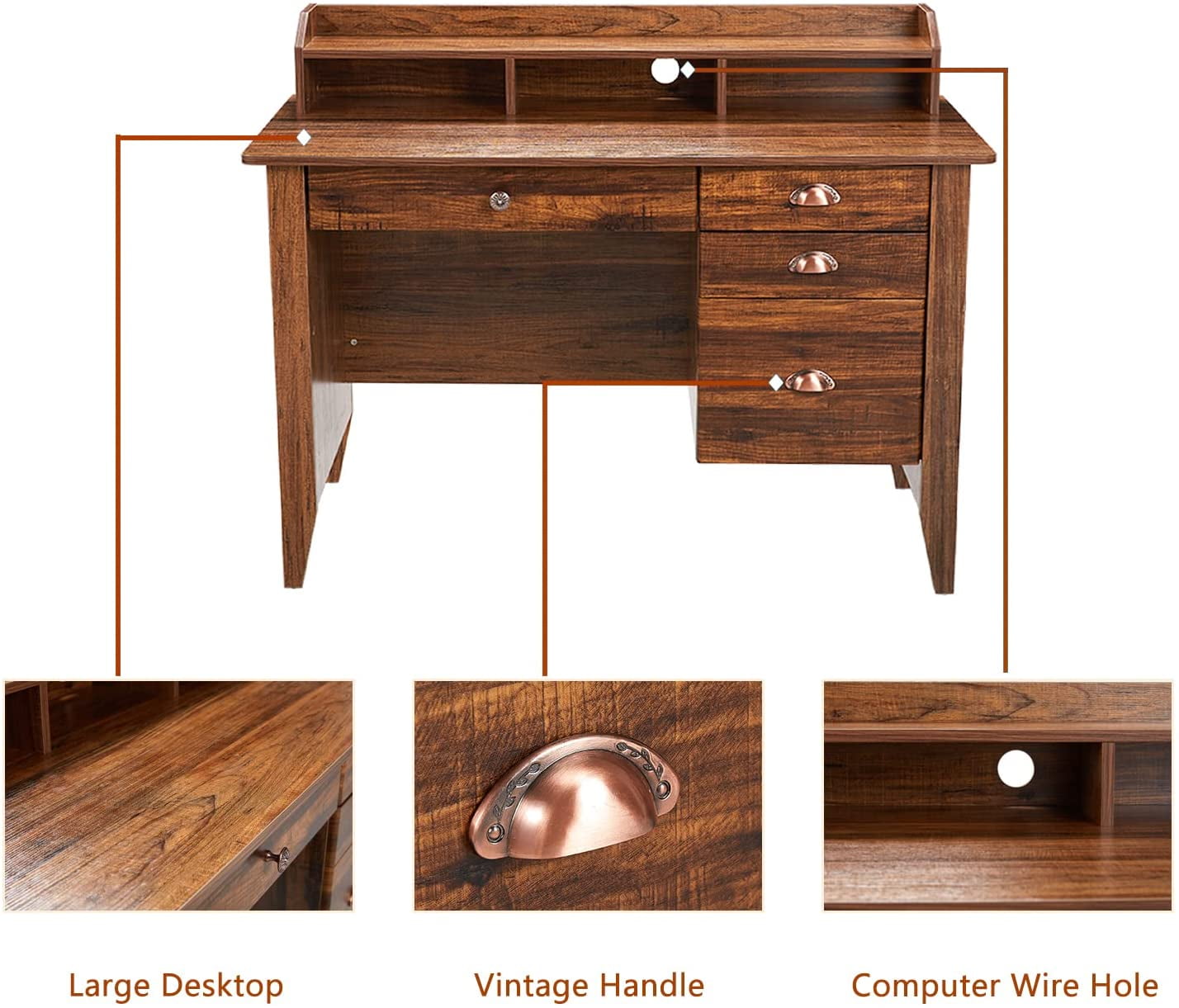 Homfa 47 in Computer Desk, Home Office Writing Table with 4 Drawers and Hutch Shelf, Sturdy Desk with Spacious Desktop, Rustic Brown