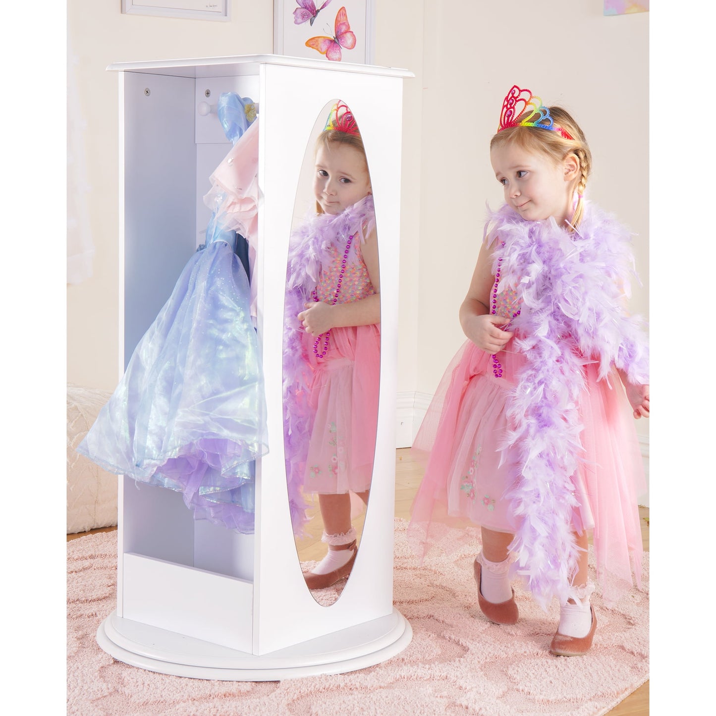 Guidecraft Rotating Dress Up Storage Center - White: Wooden Wardrobe, Pretend Play Costume and Kids' Clothing Organizer with Mirrors