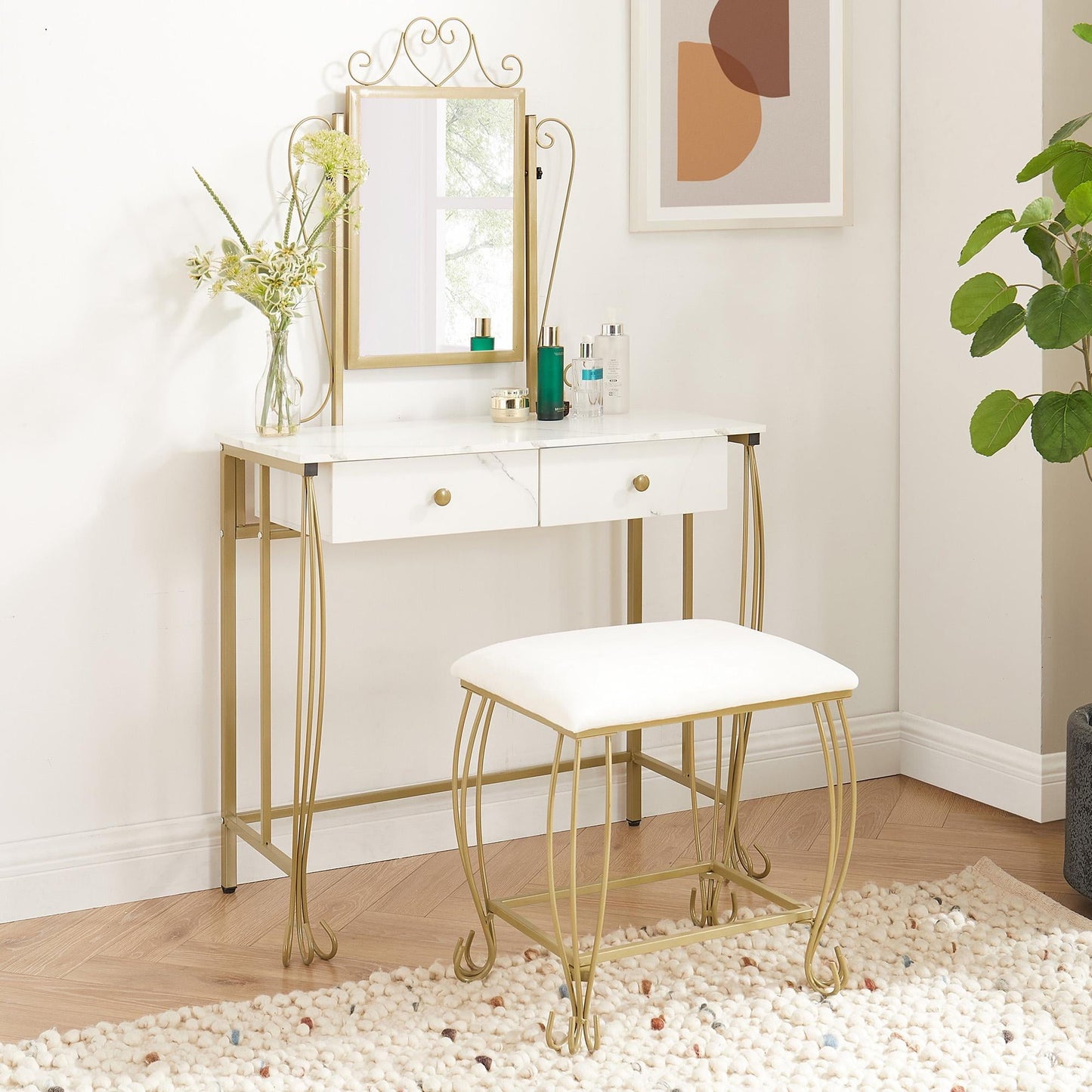HSUNNS Vanity Set with Mirror, 2 Drawers Makeup Dressing Desk with Cushioned Stool Set, Vintage Style Makeup Vanity Table Desk with Large Mirror, Bedroom Vanities Set for Women and Girls, White