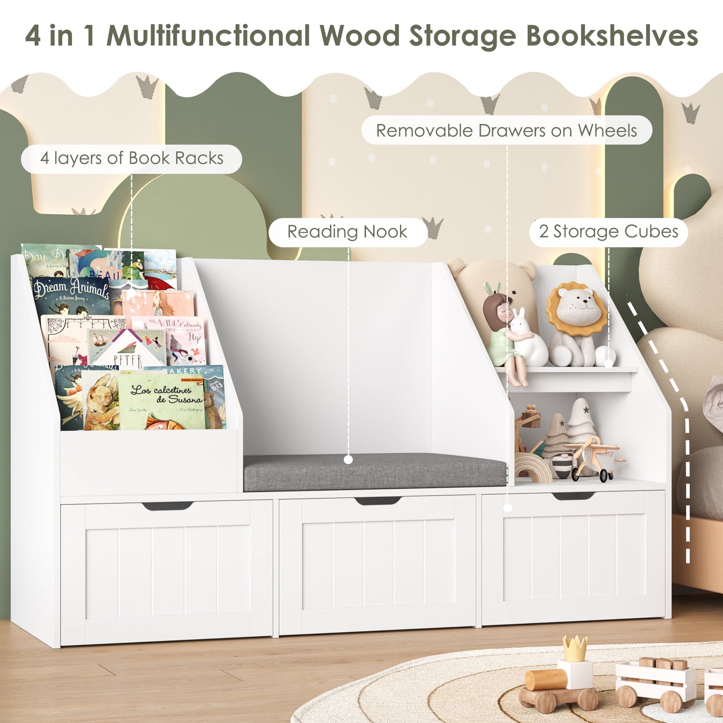 Homfa Kids Bookshelf with Reading Nook & 3 Movable Drawers, 2 Cube Bookcase with 4-Tier Book Racks, Toy Storage Organizer for Playroom Bedroom, White