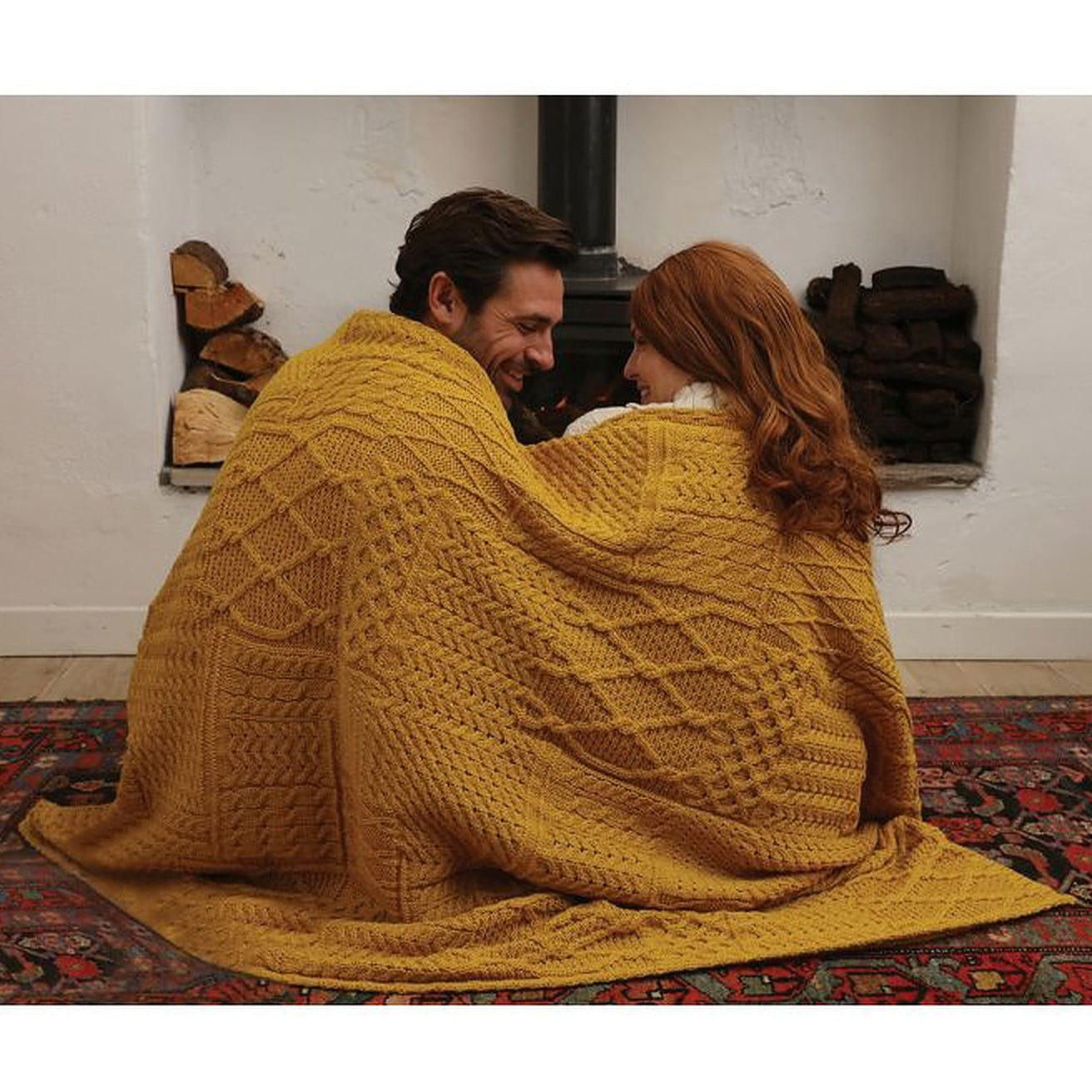 Aran Patchwork Throw 100% Premium Merino Wool Blanket 60in x 42in Made in Ireland by Aran Woollen Mills, Yellow