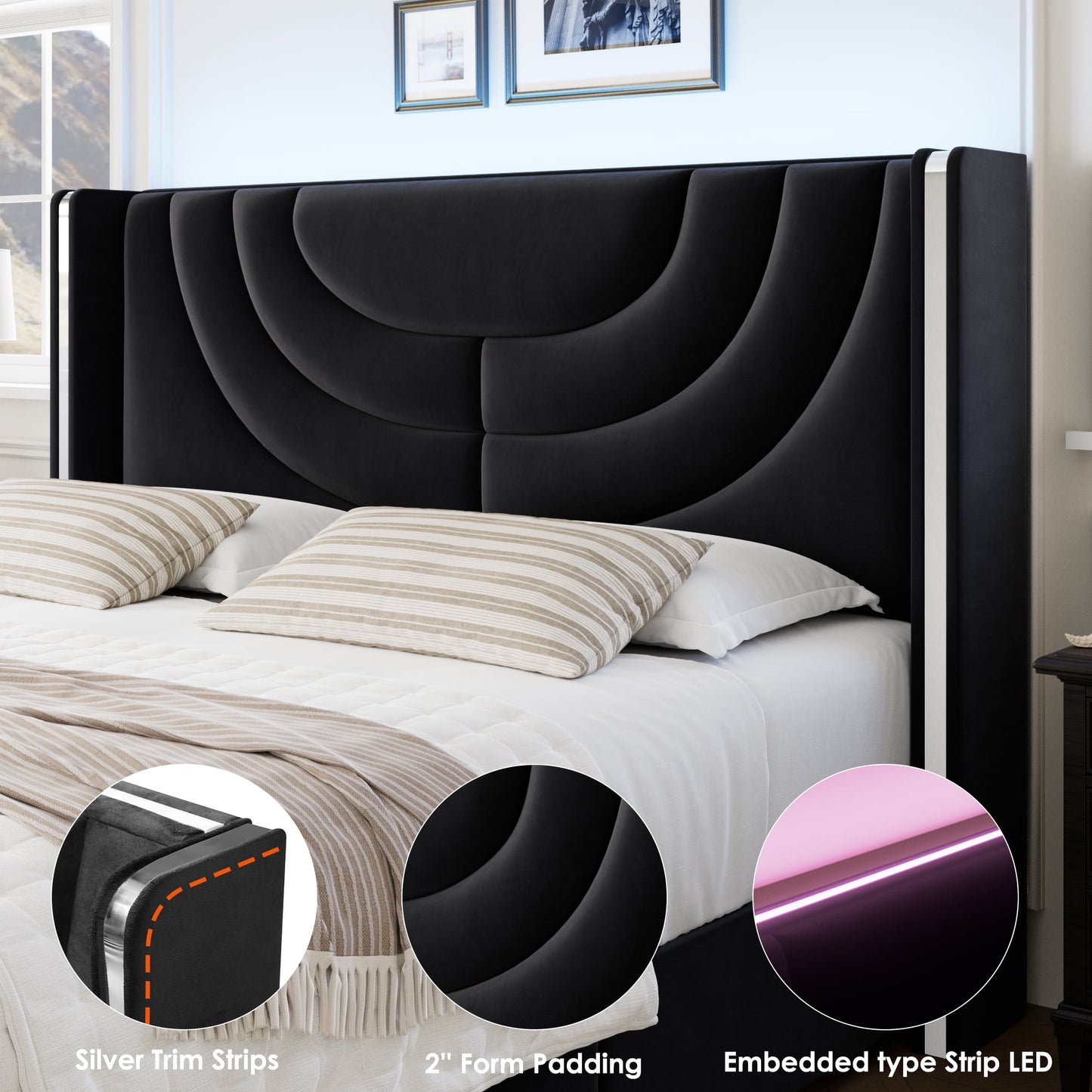 Homfa Queen Size Platform Bed Frame with Velvet Upholstered Headboard, LED Bed Frame with 2 Drawers, Black