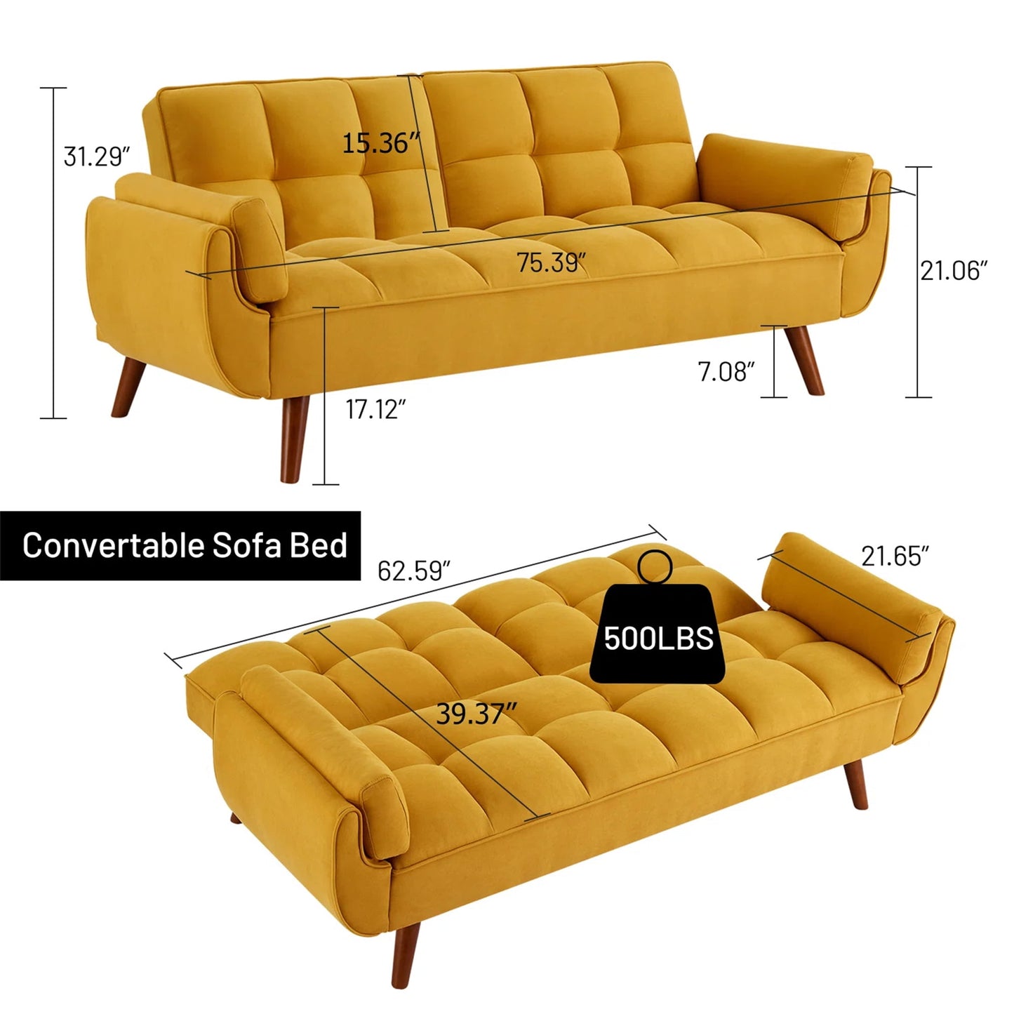 Aukfa 75in Flared Arm Futon Convertible Sofa Bed, Curved Sleeper Sofa for Home Office, Yellow