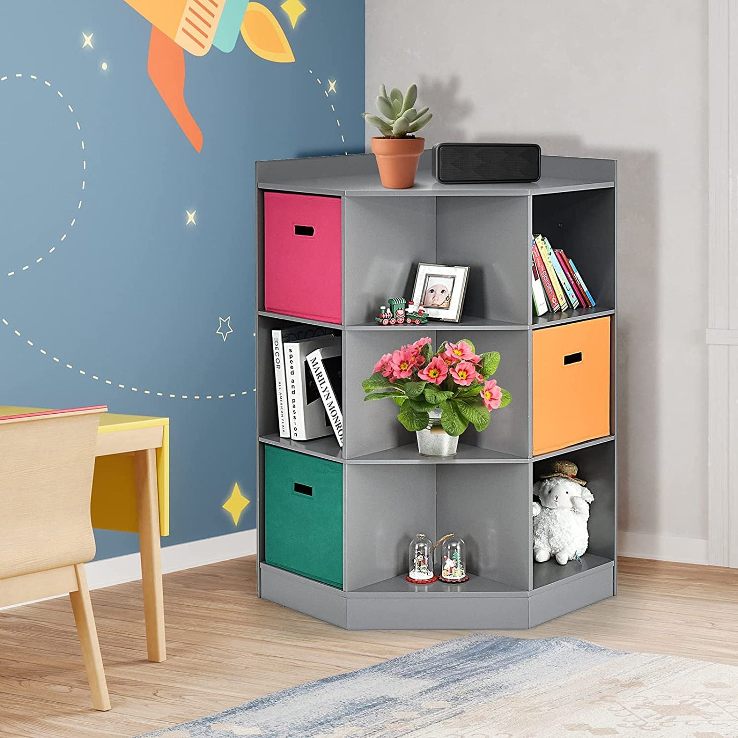 HOMEZY 9-Cubby Kids Bookcase with Extra Large Storage Baskets, Multi-Bin Children's Organizer Shelf with 6 Cubes and 3 Shelves, Wooden Storage Sideboard Suitable for Playroom, Decor Room (Gray)