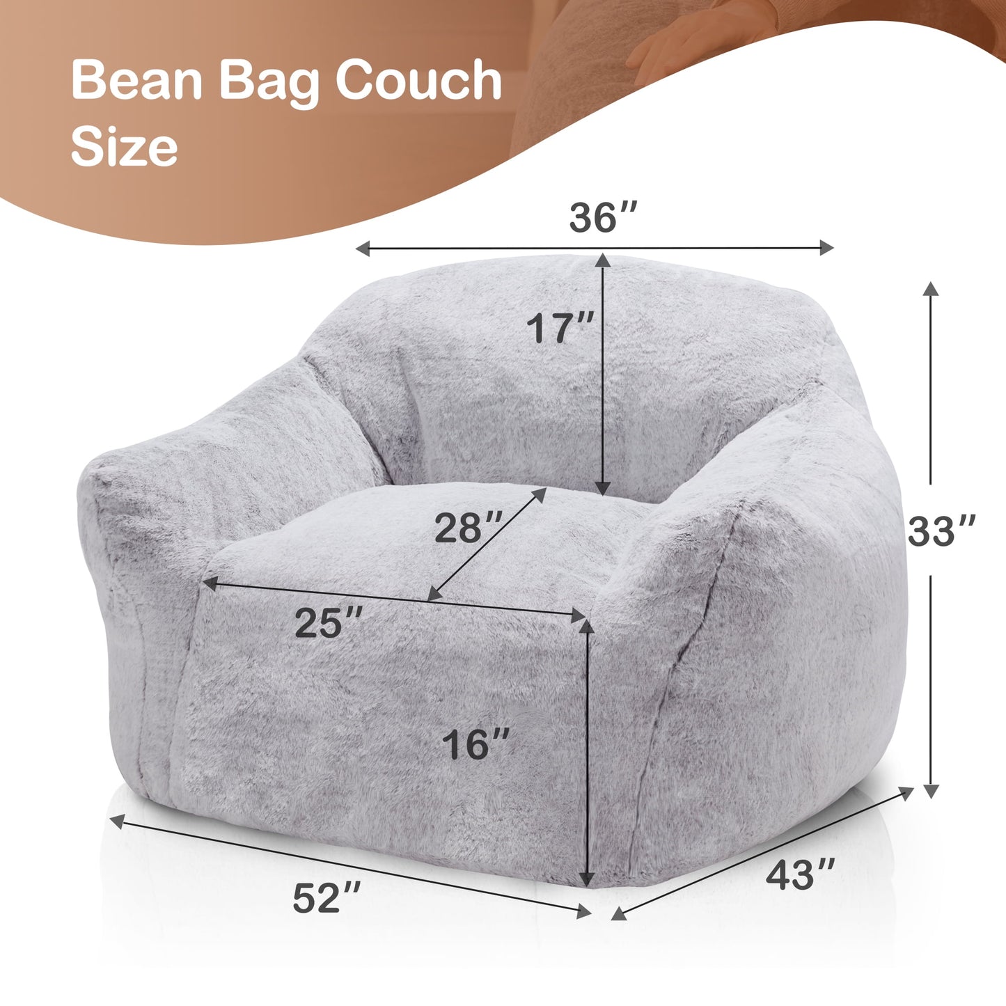 HOMGUAVA Giant Bean Bag Chair for Adults, Large Oversized Bean Bag Couch, Puffy Comfy Bedroom Lazy Sofa with Armrests & Soft Plush Cover, Light Gray