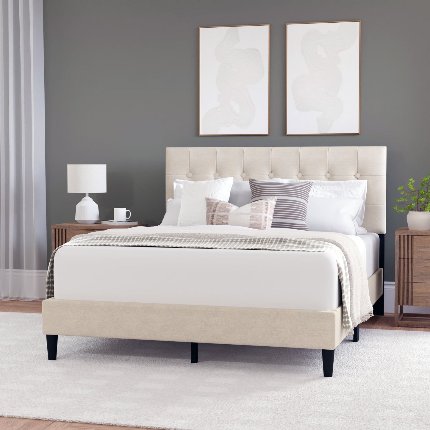 Hendrix Button Tufted Upholstered Queen Platform Bed, Beige, by Hillsdale Living Essentials