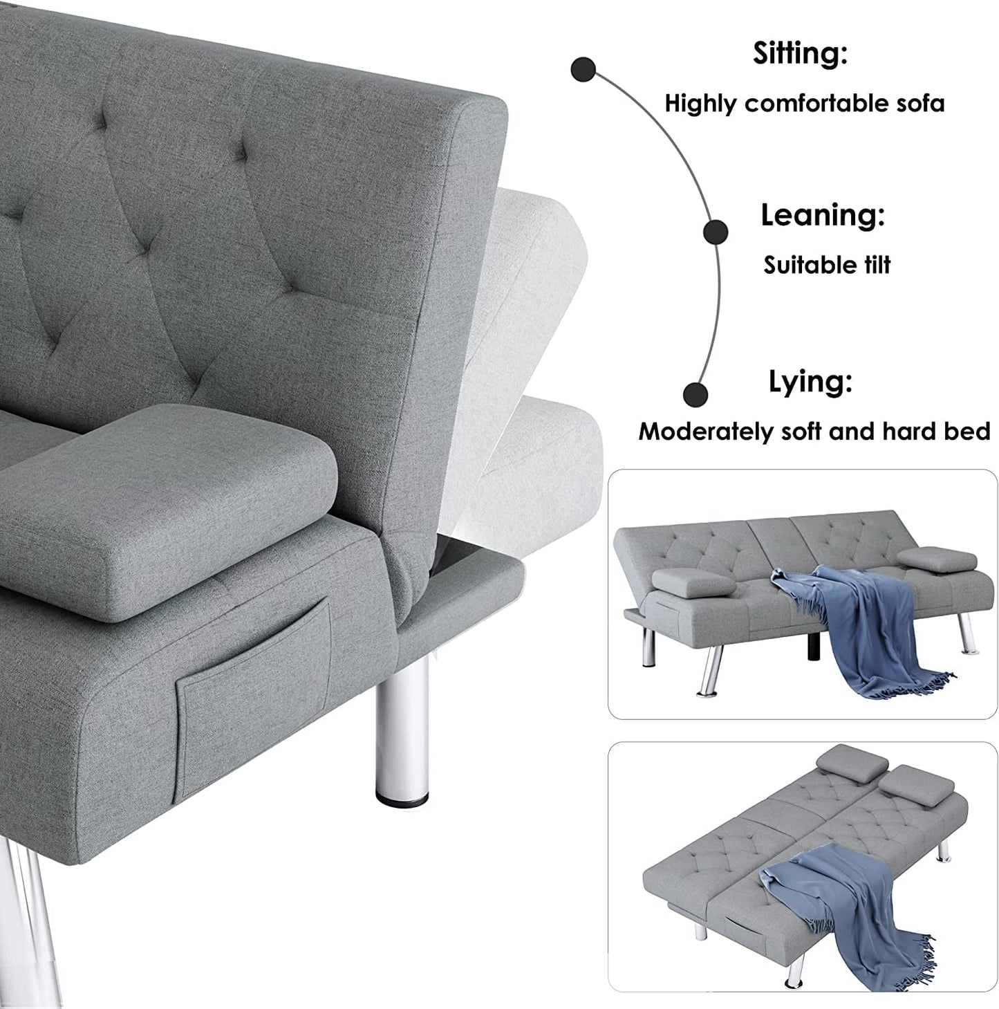 Homfa Convertible Futon Sofa Bed, 66.3in Upholstered Removable Armrests,Gray Finish