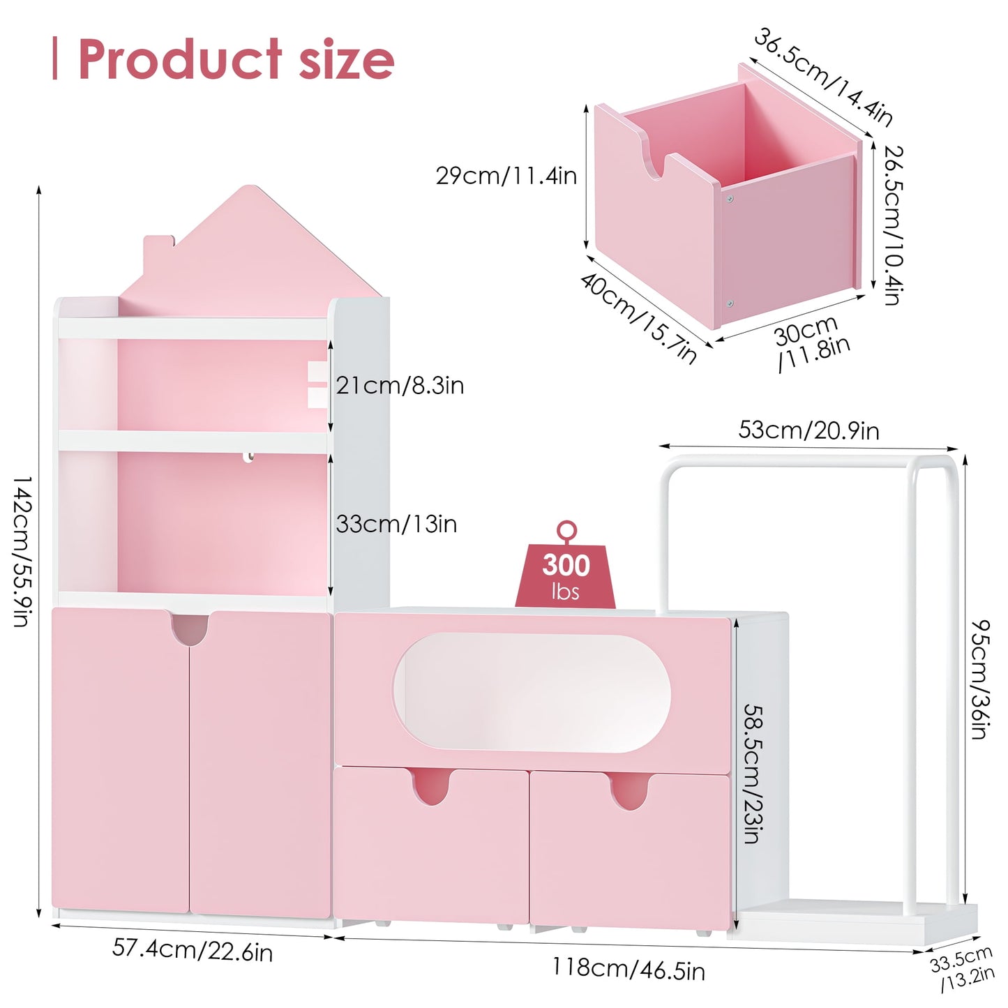 Homfa Kids Pink Bookshelf and Toys Organizer with Drawers, Combi Toy Storage with Clothes Rail for Kids Room