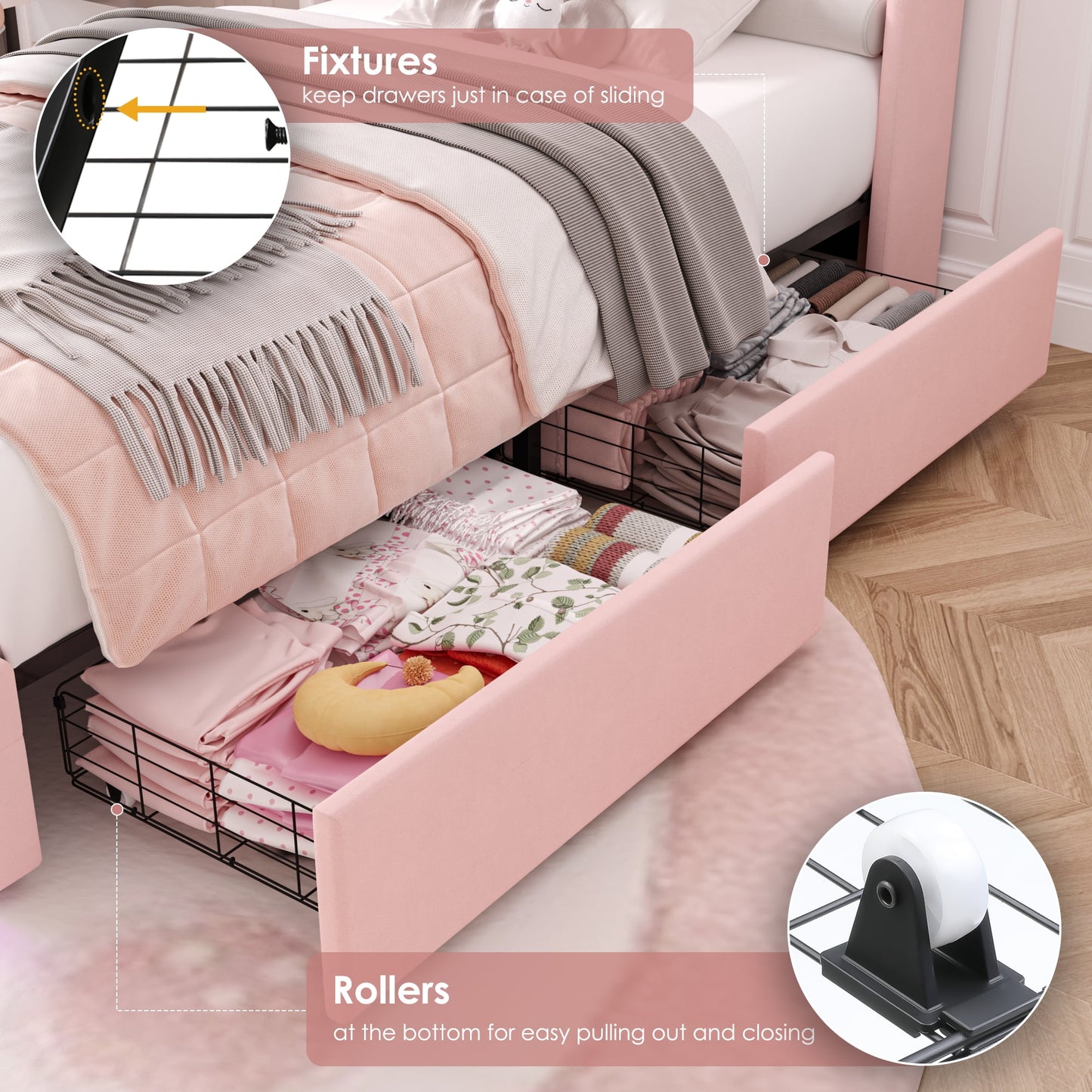 Homfa Twin Size LED Bed Frame with Outlets and USB Ports, 4 Storage Drawers Modern Wingback Crystal Button Tufted Velvet Upholstered Platform Bed Frame, Pink