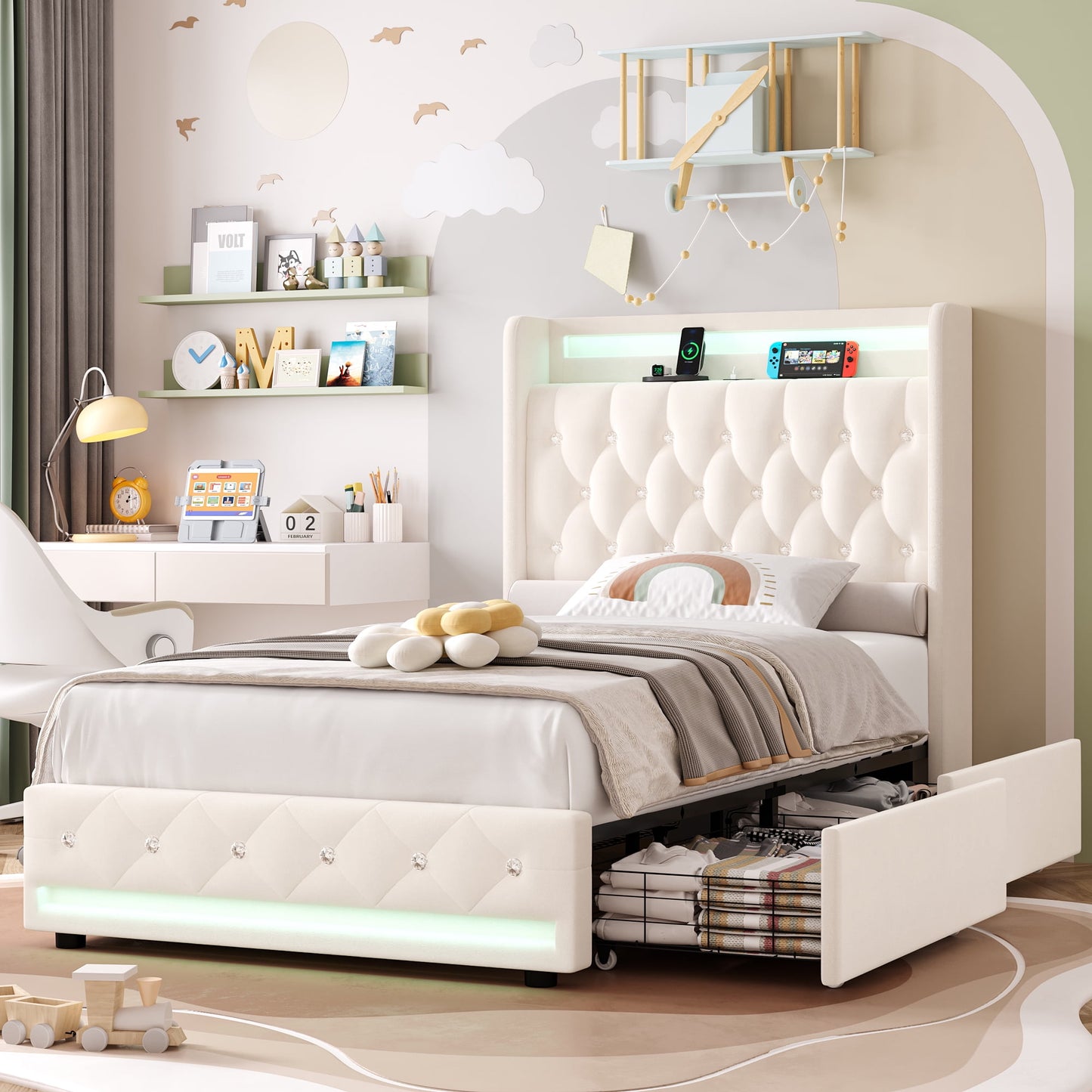 Homfa Twin Size LED Bed Frame with Outlets and USB Ports, 4 Storage Drawers Modern Wingback Crystal Button Tufted Velvet Upholstered Platform Bed Frame, Pink