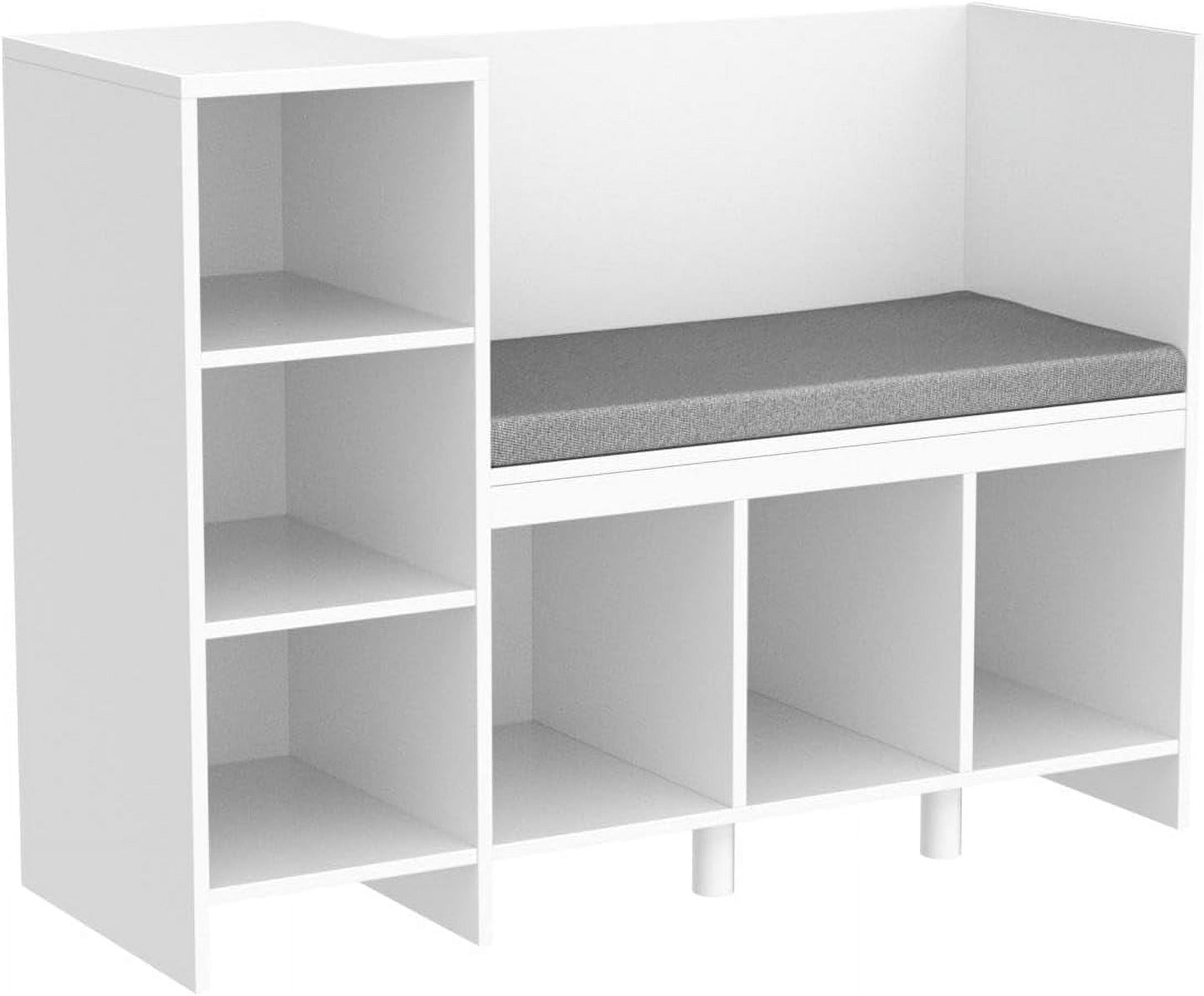 HUHAN 43.3in Kids Reading Nook Bench, Nursery Bookshelf and Bookcase with Seat Cushion, 6-Cubby Book Shelf Storage Organizer for Playroom, Bedroom, Living Room, Entryway, White
