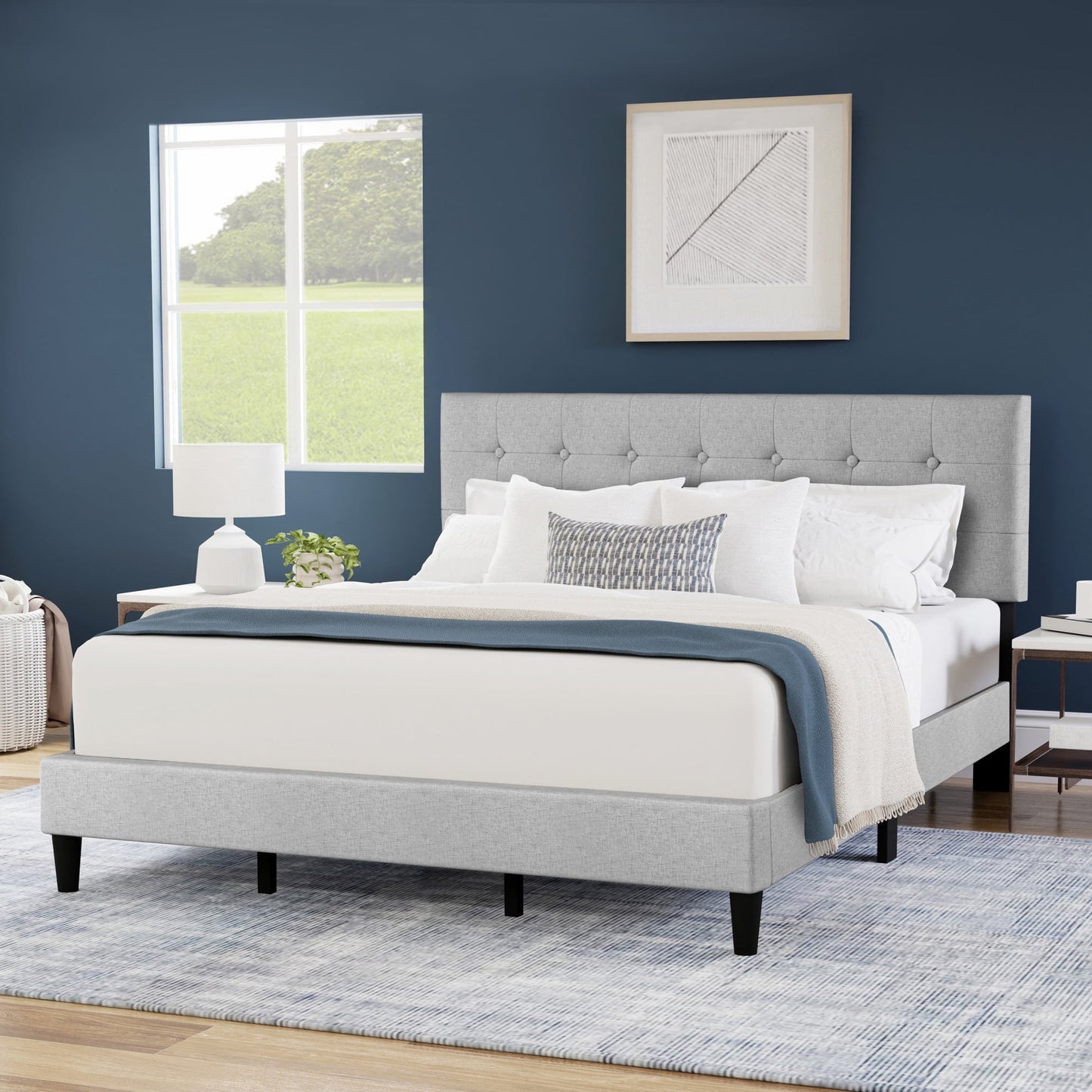 Hendrix Button Tufted Upholstered King Platform Bed, Light Gray, by Hillsdale Living Essentials