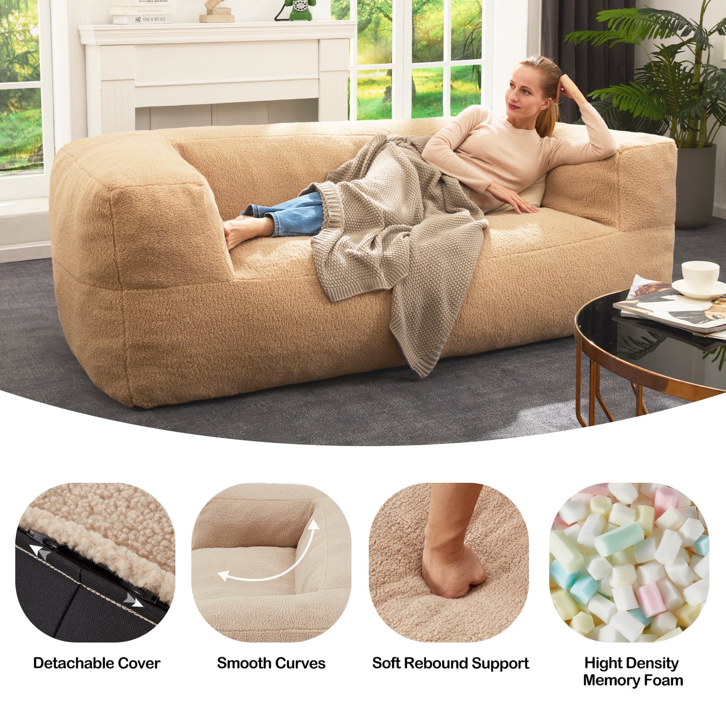 HOMGUAVA Oversized Bean Bag Chair for Adults & Teens, Giant Large Loveseat Bean Bag Chair Couch, Cozy Bedroom Comfy Chair Puffy Lazy Sofa with Soft Plush Sherpa Teddy Cover, Dark Gray