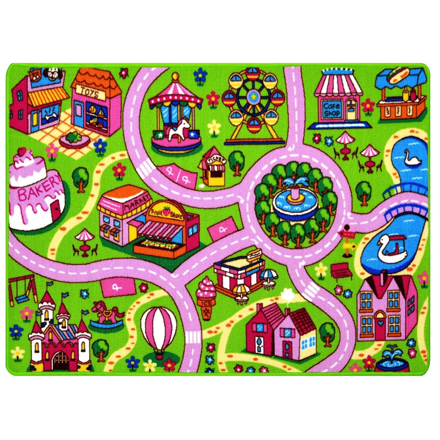 HR City Map Kids Car Road Rug - Non-Slip Play Mat for Classroom and Baby Room Pink, Green 8' x 10'