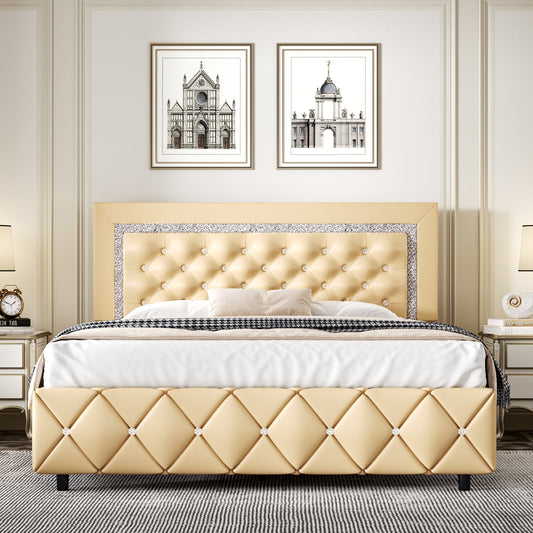 4 EVER WINNER Full Size Bed Frame, Upholstered Platform Bed Frame with Headboard,Yellow