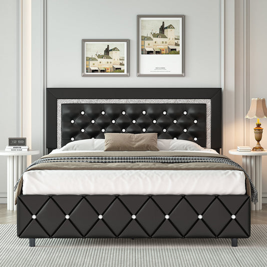 4 EVER WINNER Full Size Upholstered Bed Frame with Diamond Tufted Headboard & Footboard, Black