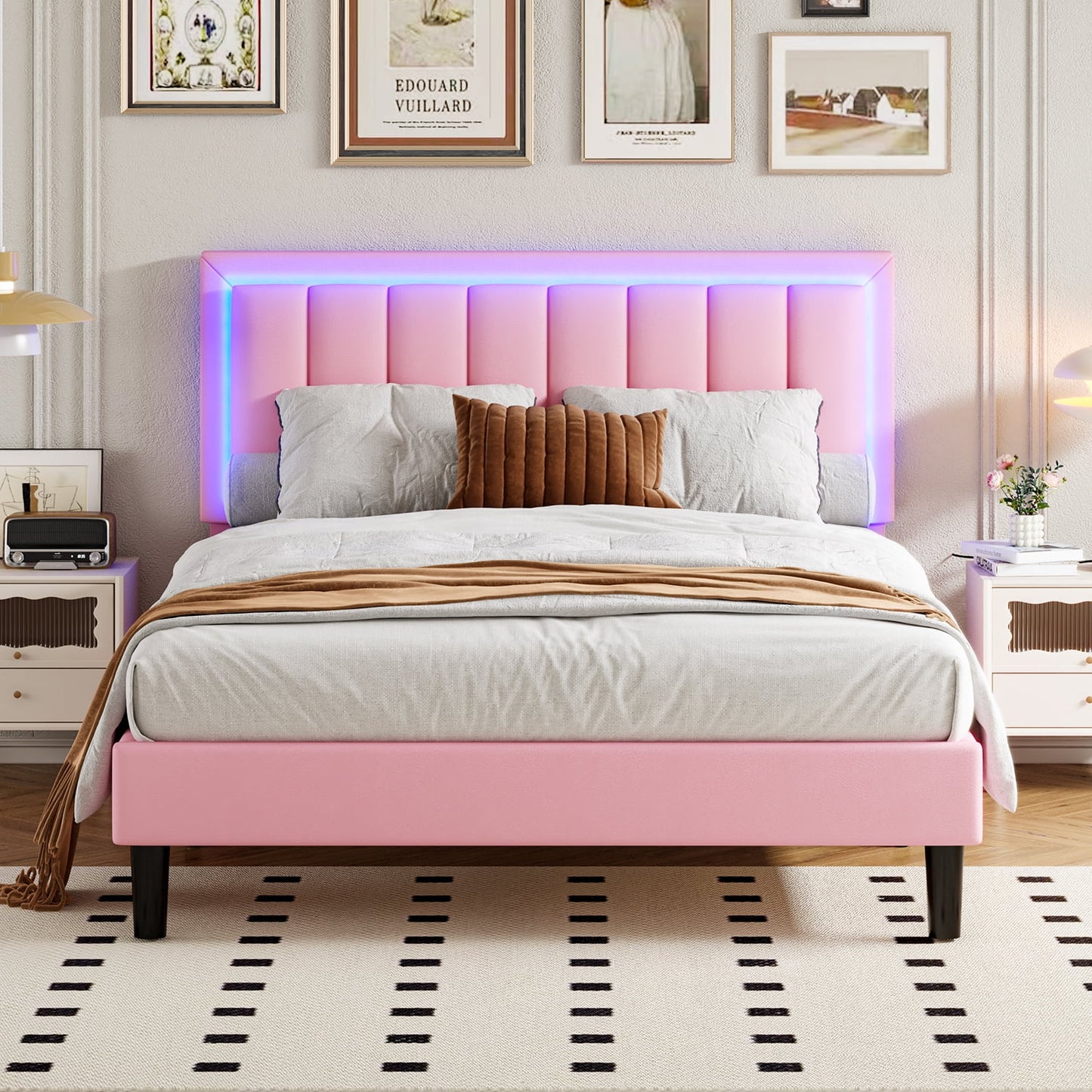 4 EVER WINNER Full Size LED Bed Frame, Pink Full Bed Frame with LED Light Headboard, Pink Bed Frame for Grils, Pink