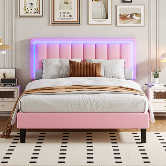 4 EVER WINNER Full Size LED Bed Frame, Pink Full Bed Frame with LED Light Headboard, Pink Bed Frame for Grils, Pink