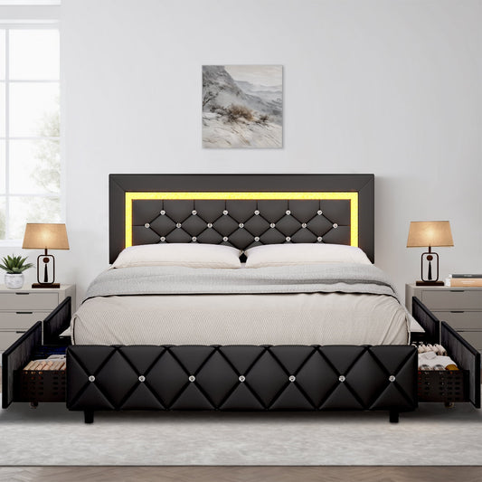 4 EVER WINNER Full Size LED Bed Frame, Black Full Bed Frame with LED Light Headboard, 4 Storage Drawers Upholstered Platform Bed Frame, Black
