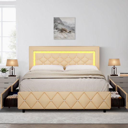 4 EVER WINNER Full Size LED Bed Frame with 4 drawers, Full Bed Frame with LED Light Headboard, Modern Upholstered Bed with Diamond Headboard and Footboard, Yellow