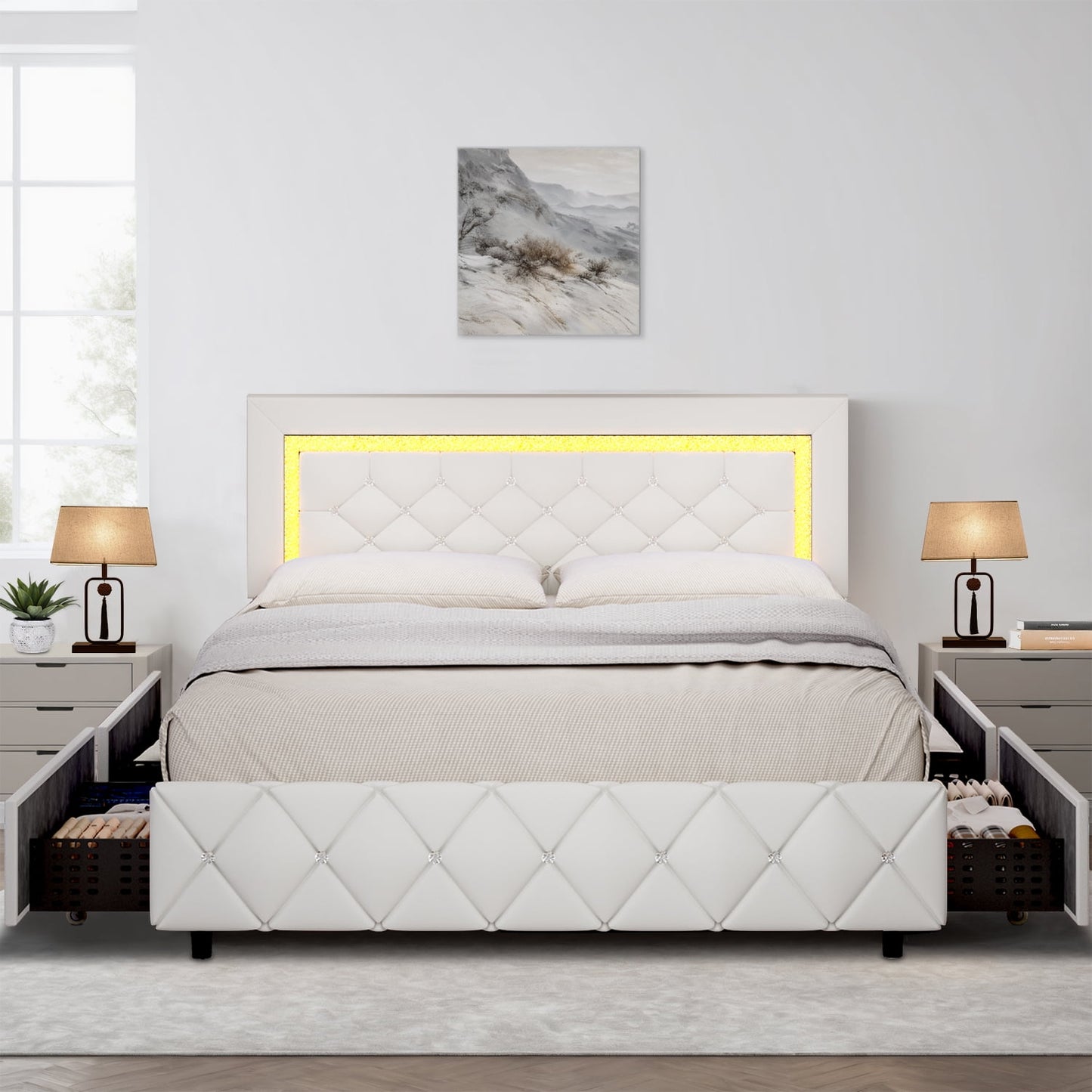4 EVER WINNER Full Size LED Bed Frame, White Full Bed Frame with LED Light Headboard, 4 Storage Drawers Upholstered Platform Bed Frame, White