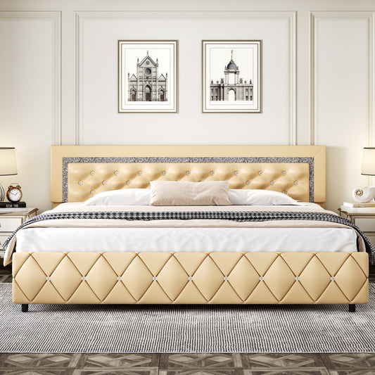 4 EVER WINNER King Size Bed Frame, Upholstered Platform Bed Frame with Headboard,Yellow