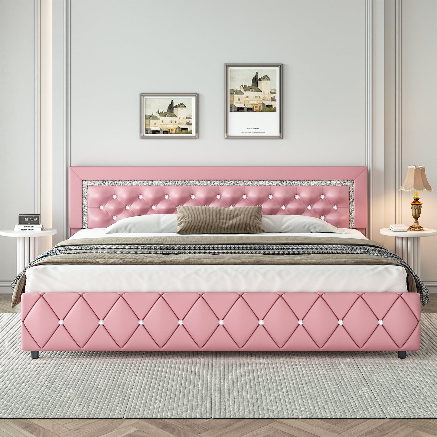 4 EVER WINNER King Size Bed Frame with Headboard, Pink Upholstered Platform Bed Frame, Diamond Tufted Headboard & Footboard, Pink