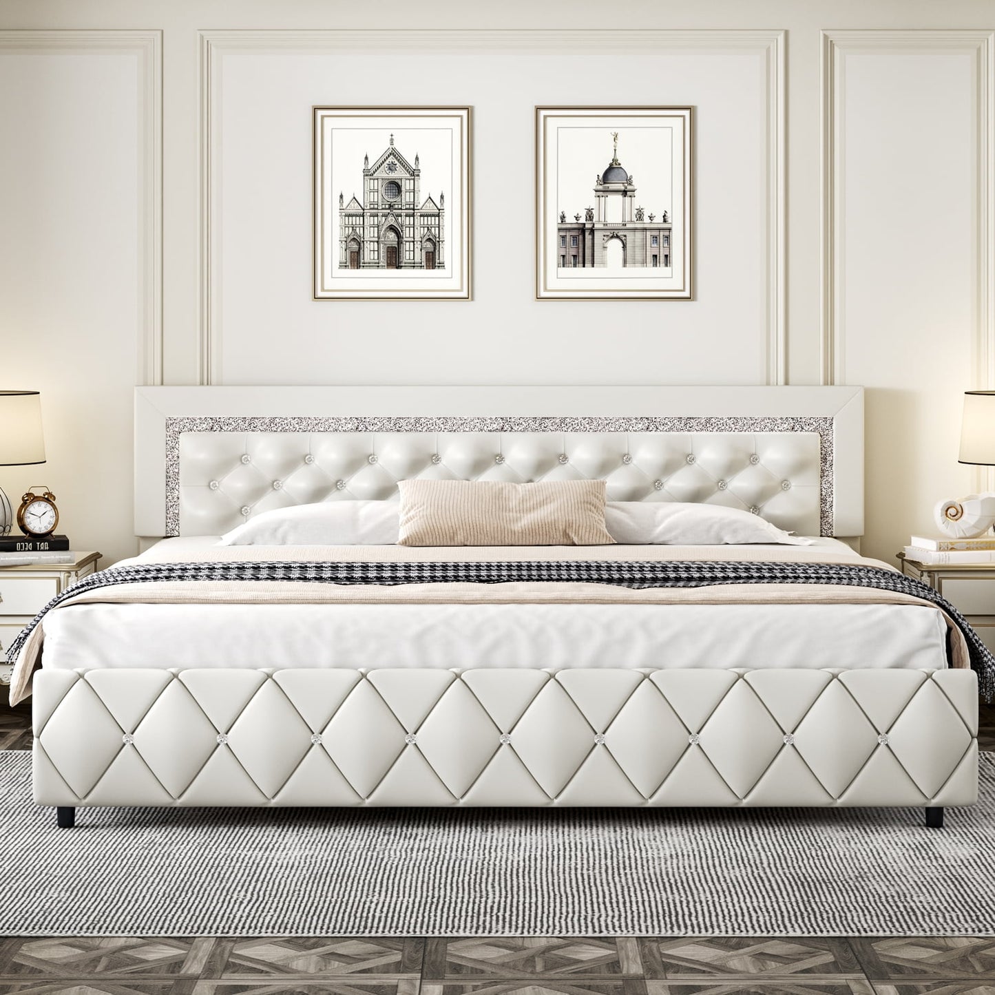 4 EVER WINNER King Size Bed Frame with Headboard, Upholstered Platform Bed Frame, Diamond Tufted Headboard & Footboard, White