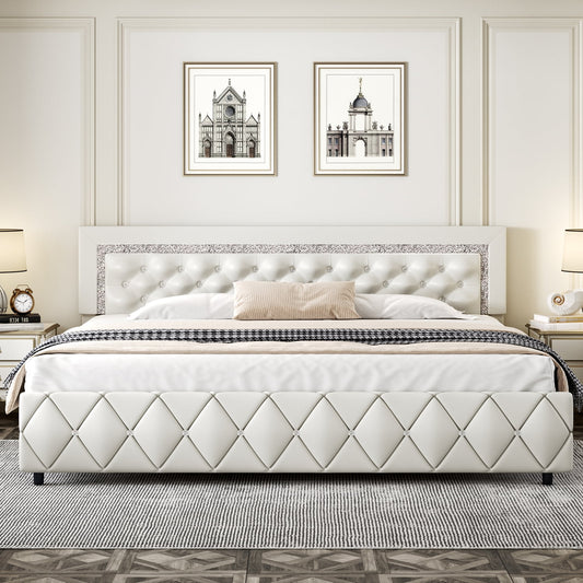 4 EVER WINNER King Size Bed Frame with Headboard, Upholstered Platform Bed Frame, Diamond Tufted Headboard & Footboard, White