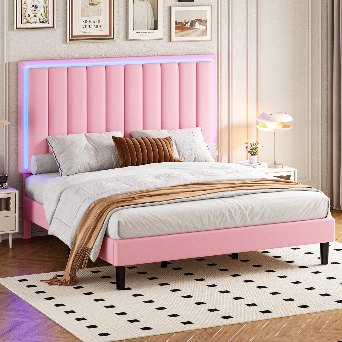 4 EVER WINNER King Size LED Bed Frame, King Bed Frame with LED Light Headboard, Pink Bed Frame for Grils, Pink