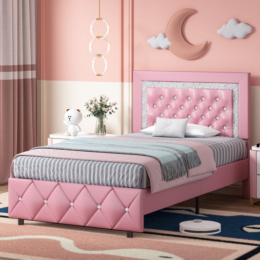 4 EVER WINNER Pink Twin Bed Frame for Kids Girls, Twin Size Bed Frame with Diamond Tufted Headboard and Footboard,Pink