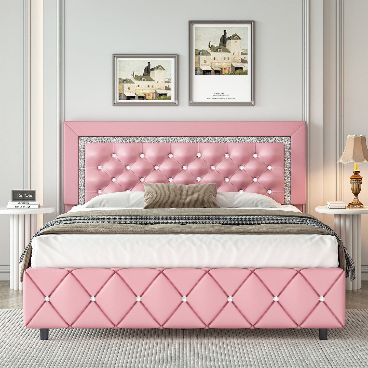 4 EVER WINNER Queen Bed Frame, Pink Queen Size Bed Frame with Headboard and Footboard, Pink