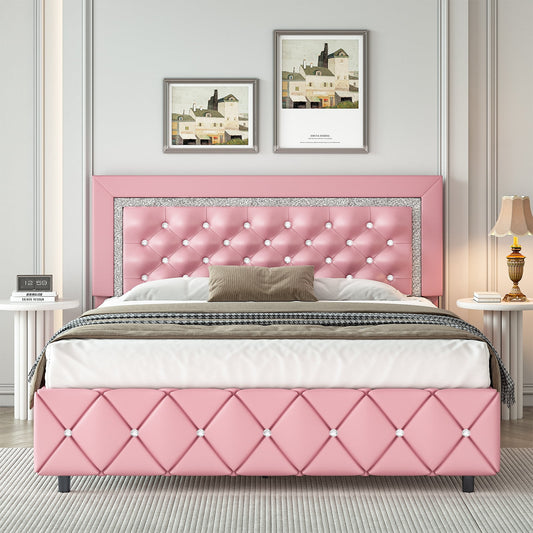 4 EVER WINNER Queen Bed Frame, Pink Queen Size Bed Frame with Headboard and Footboard, Pink