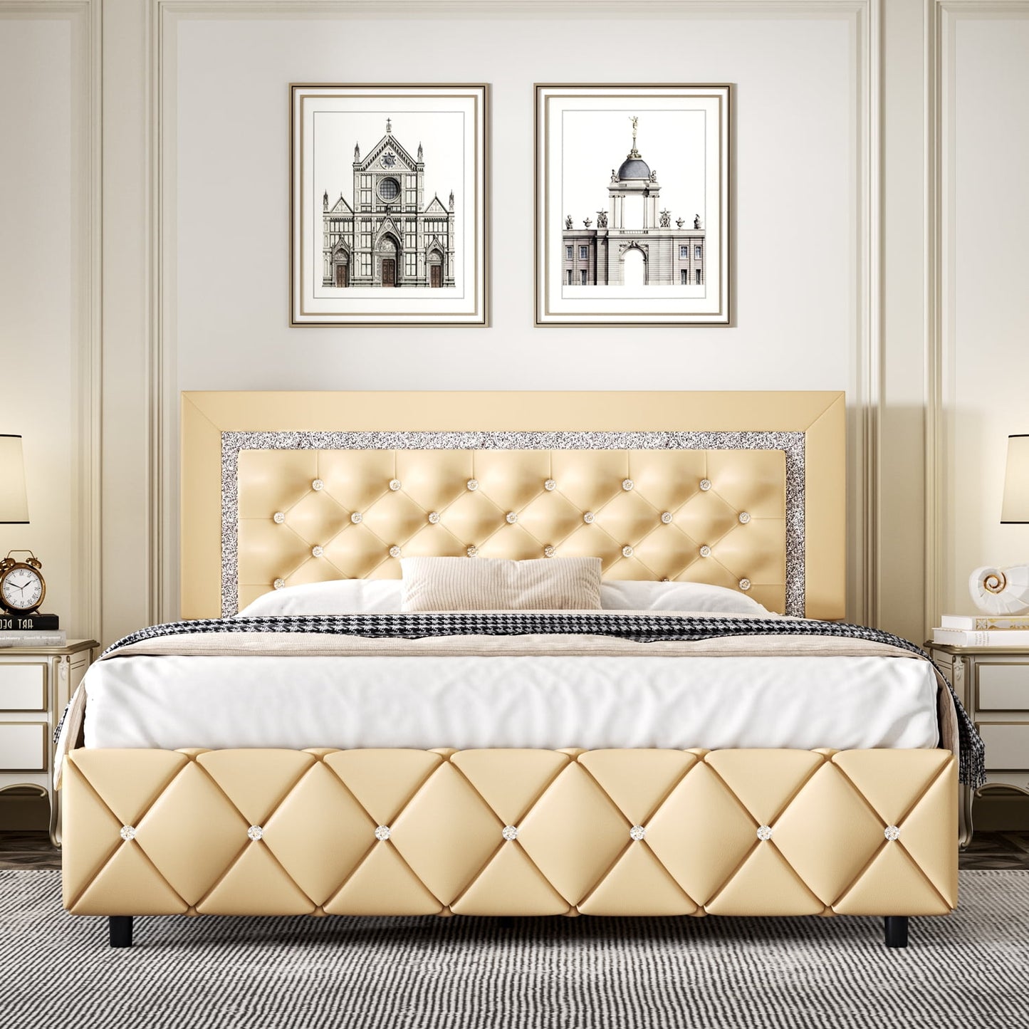 4 EVER WINNER Queen Size Bed Frame, Upholstered Platform Bed Frame with Headboard,Yellow