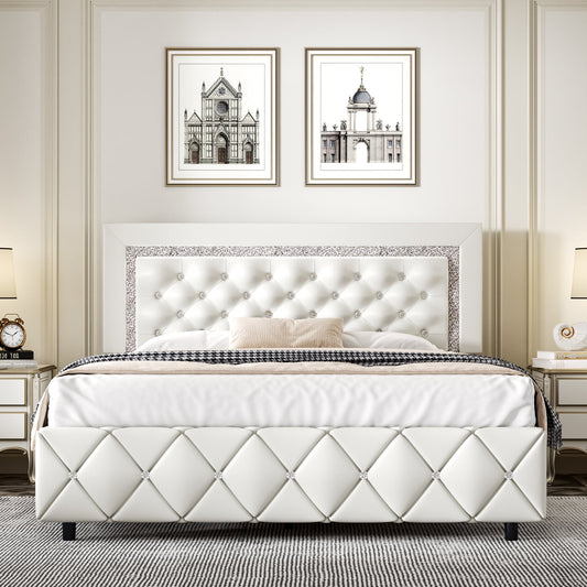 4 EVER WINNER Queen Size Bed Frame, White Platform Bed Frame with Headboard, White