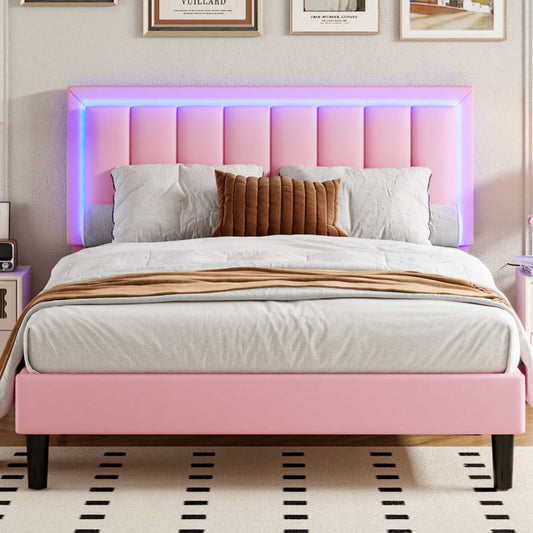 4 EVER WINNER Queen Size LED Bed Frame, Queen Bed Frame with LED Light Headboard, Pink Bed Frame for Grils, Pink