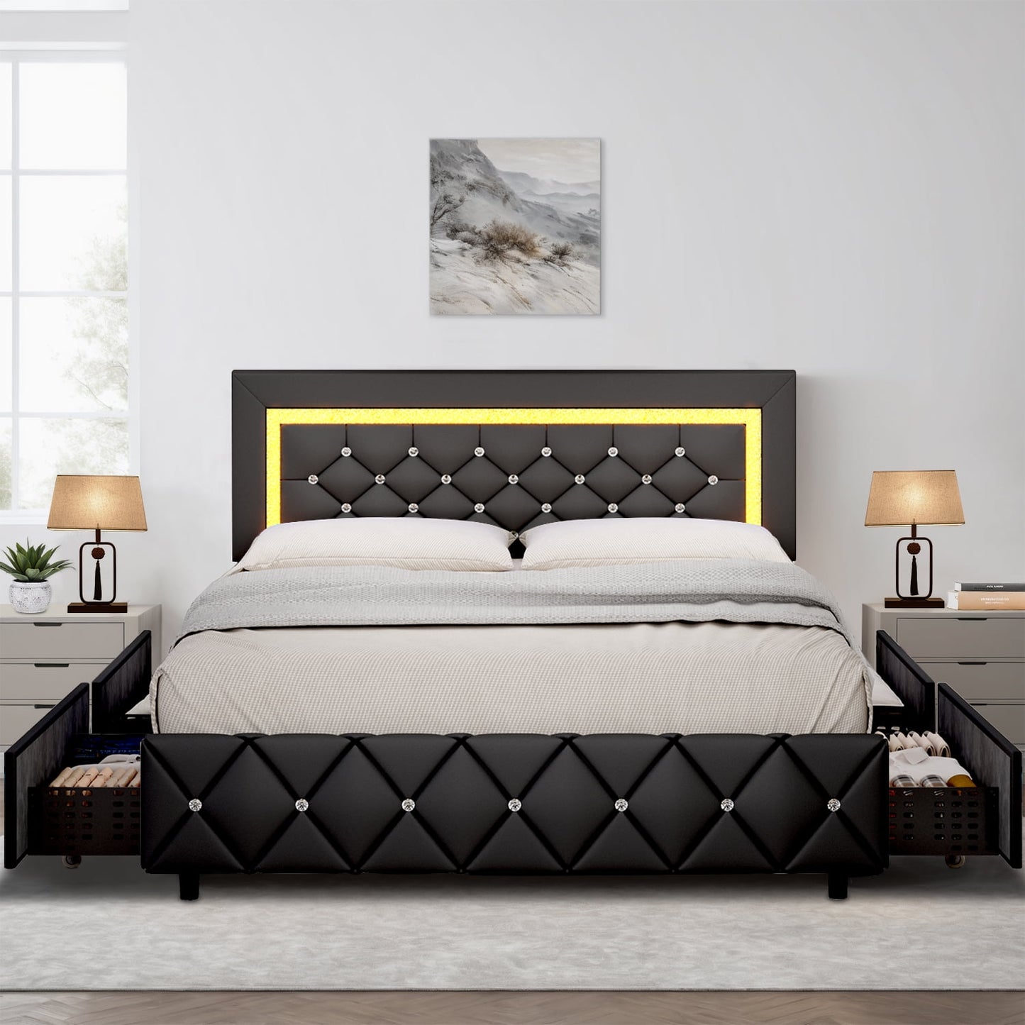 4 EVER WINNER Queen Size LED Bed Frame, Black Queen Bed Frame with LED Light Headboard, 4 Storage Drawers Upholstered Platform Bed Frame, Black