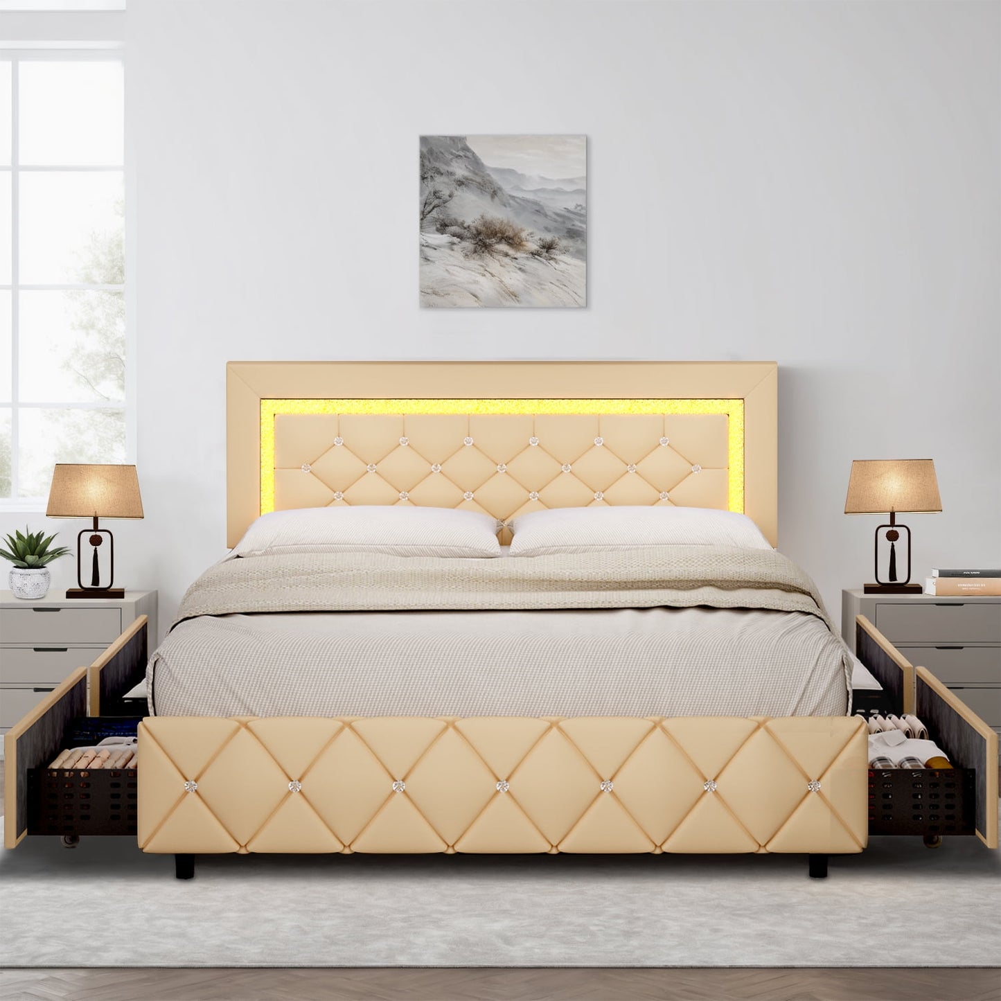 4 EVER WINNER Queen Size LED Bed Frame with 4 drawers, Queen Bed Frame with LED Light Headboard, Modern Upholstered Bed with Diamond Headboard and Footboard, Yellow