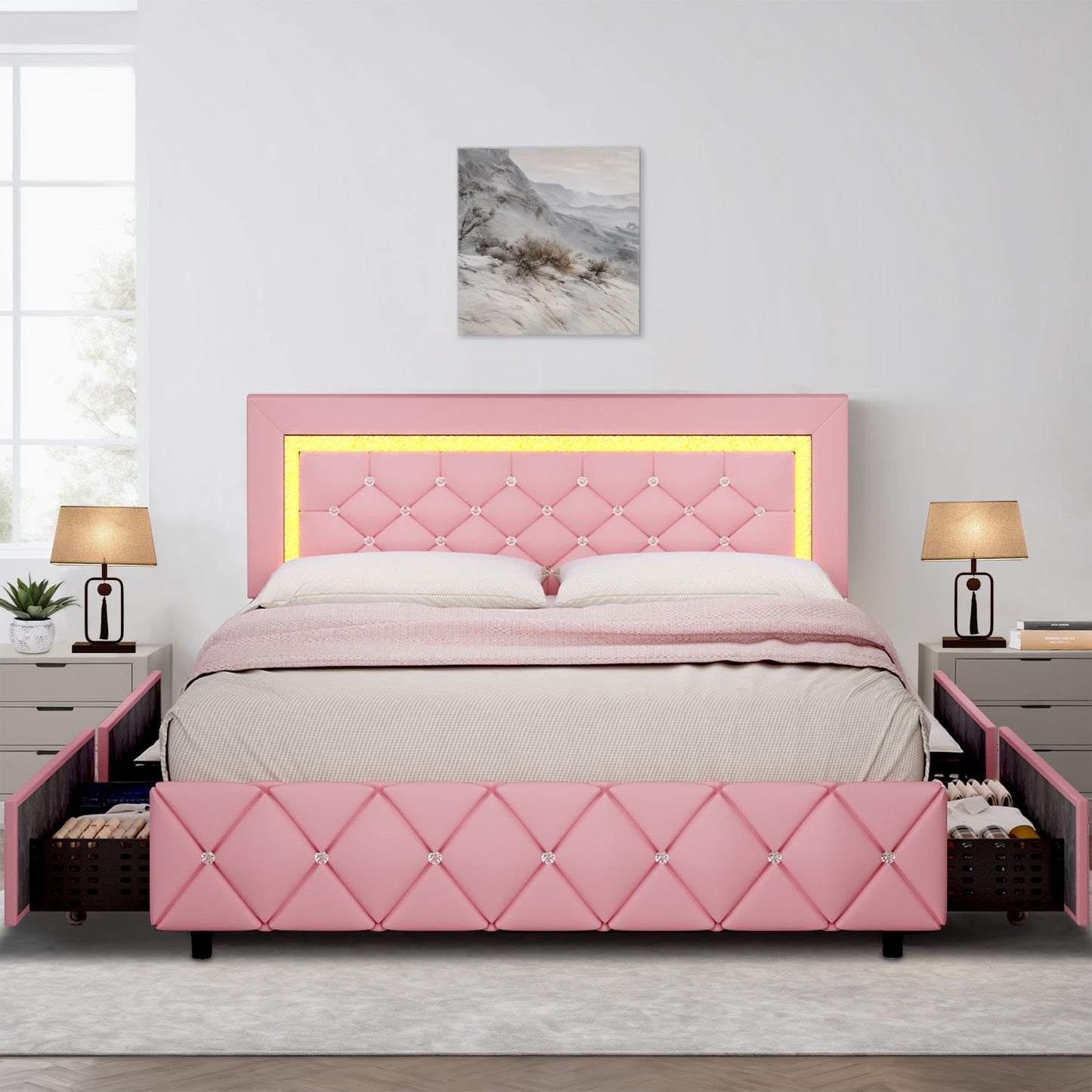4 EVER WINNER Queen Size LED Bed Frame, Pink Queen Bed Frame with LED Light Headboard, 4 Storage Drawers Upholstered Platform Bed Frame, Pink